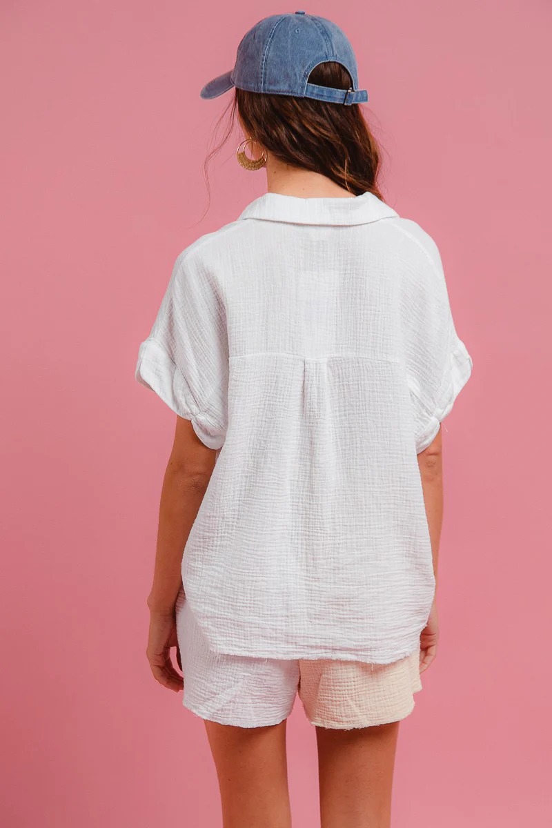 BiBi Wrinkled Gauze Solid Shirts Top and Shorts Set - Image 10