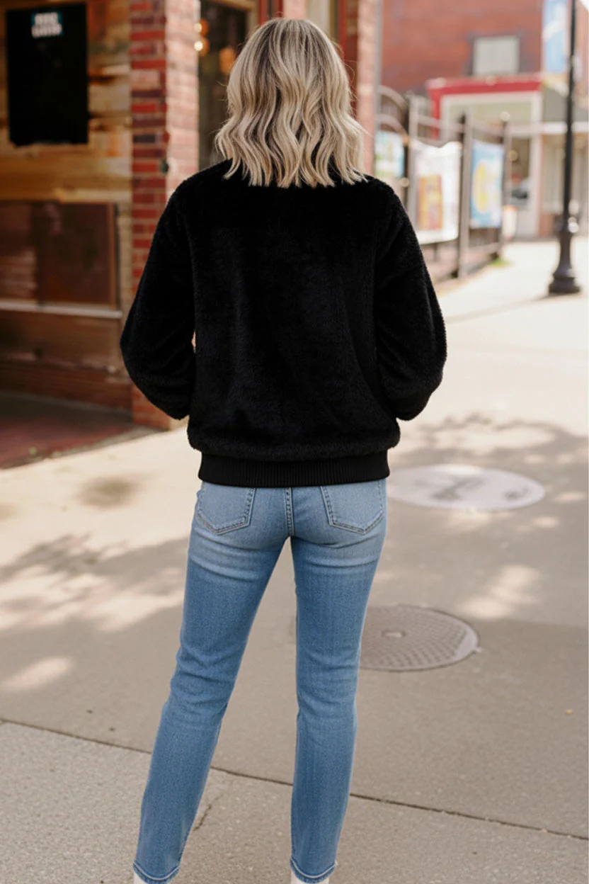 Black Cat Zip Up Faux Fur Coat - Image 2