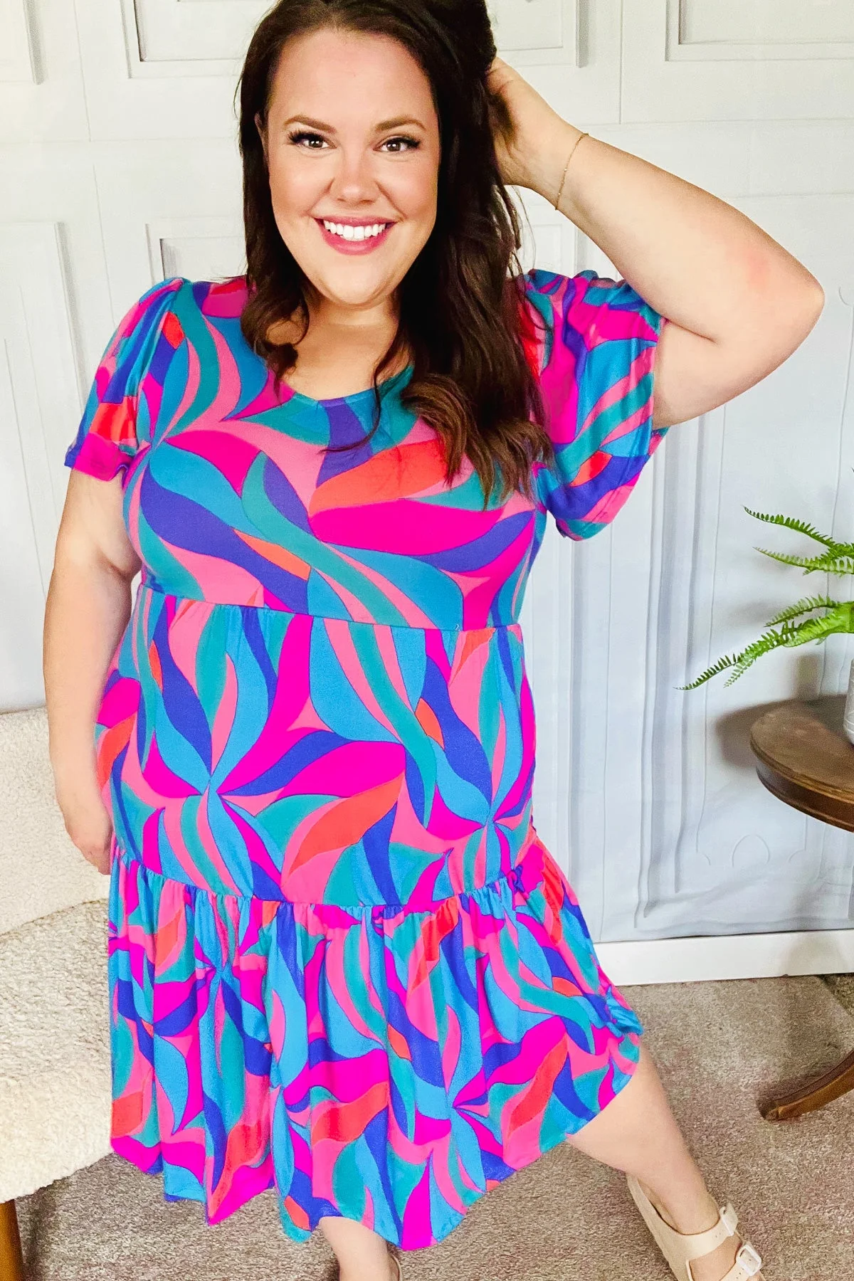 Remember Me Blue & Fuchsia Geo Print V Neck Dress - Image 11