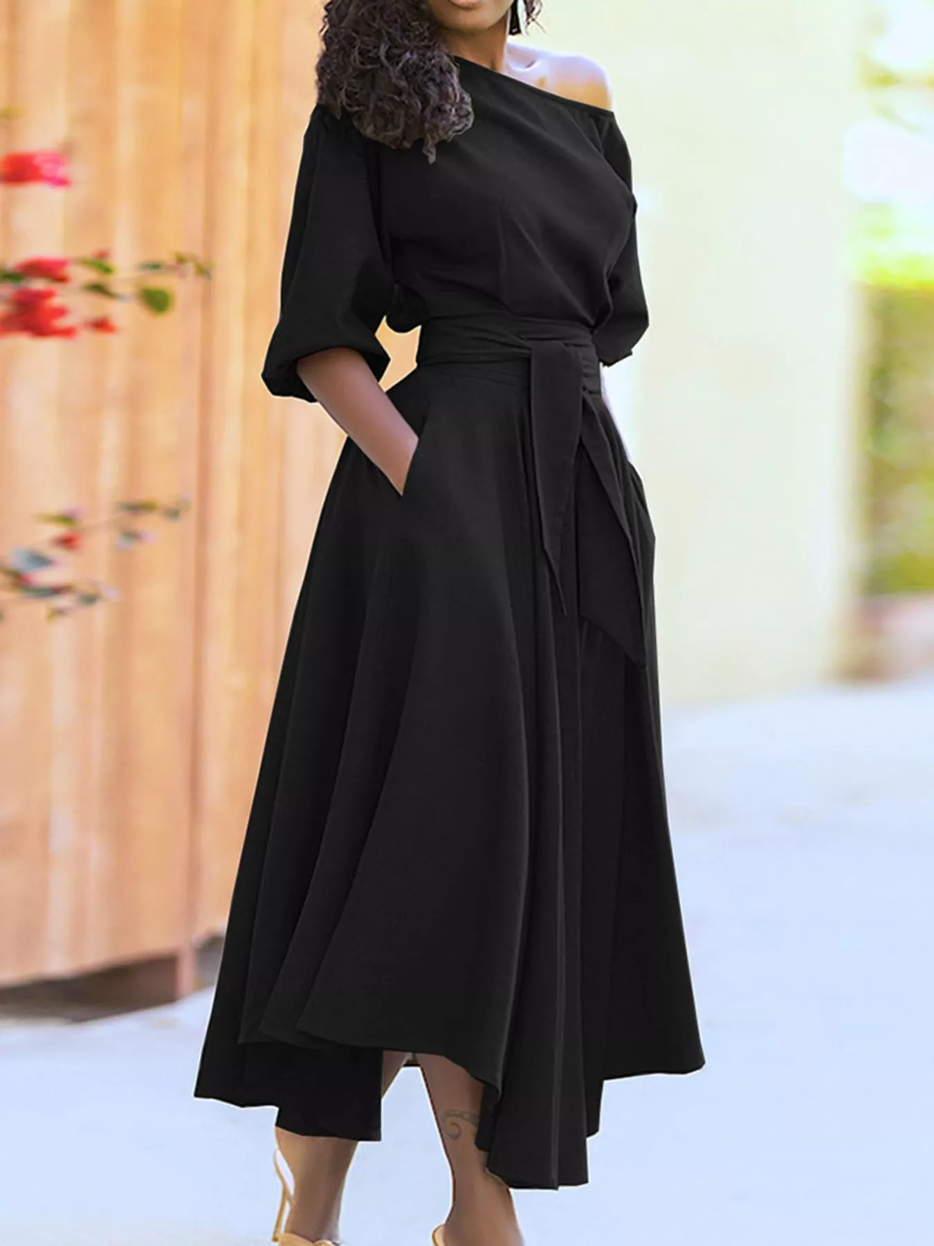 Boat Neck Tie Waist Dress - Image 10