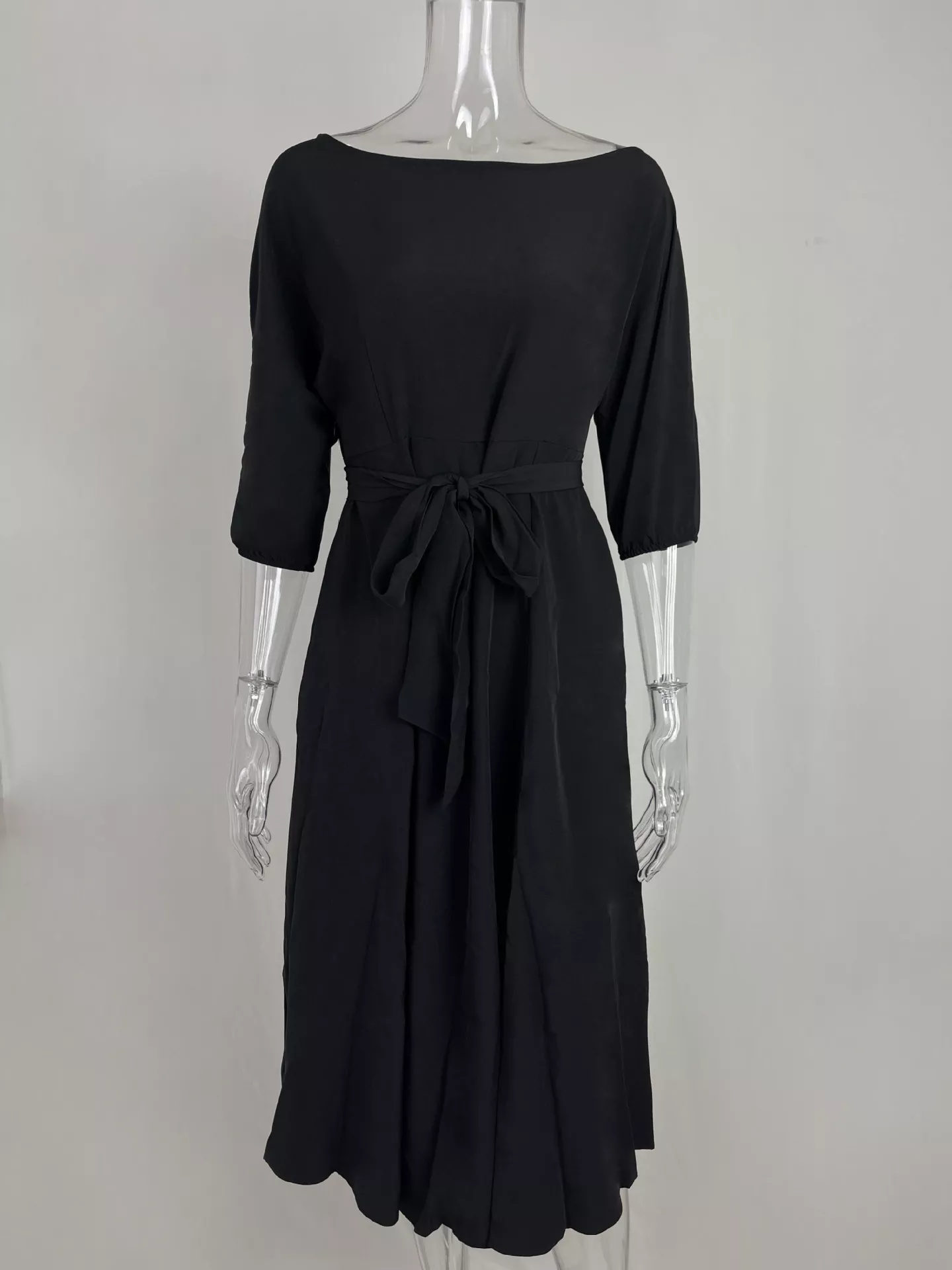 Boat Neck Tie Waist Dress - Image 11