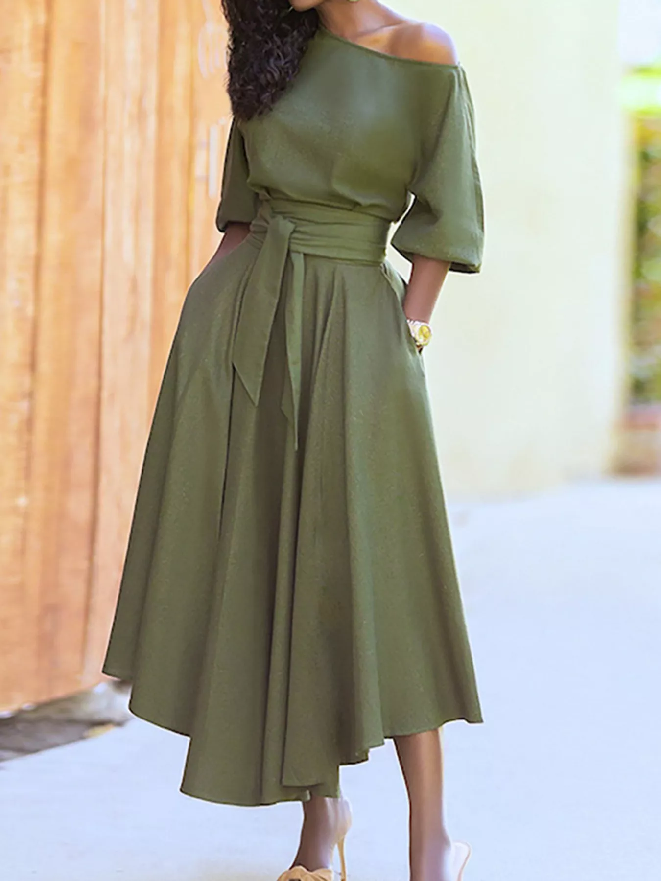 Boat Neck Tie Waist Dress - Image 2