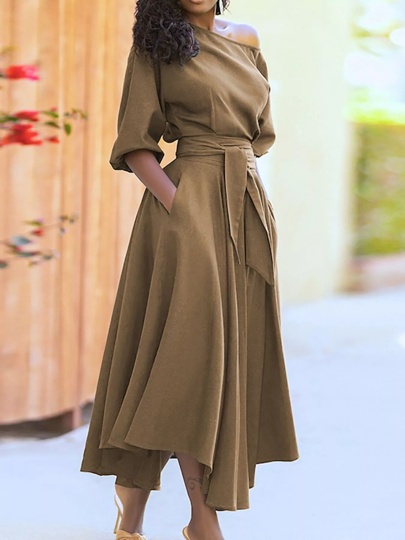 Boat Neck Tie Waist Dress - Image 4