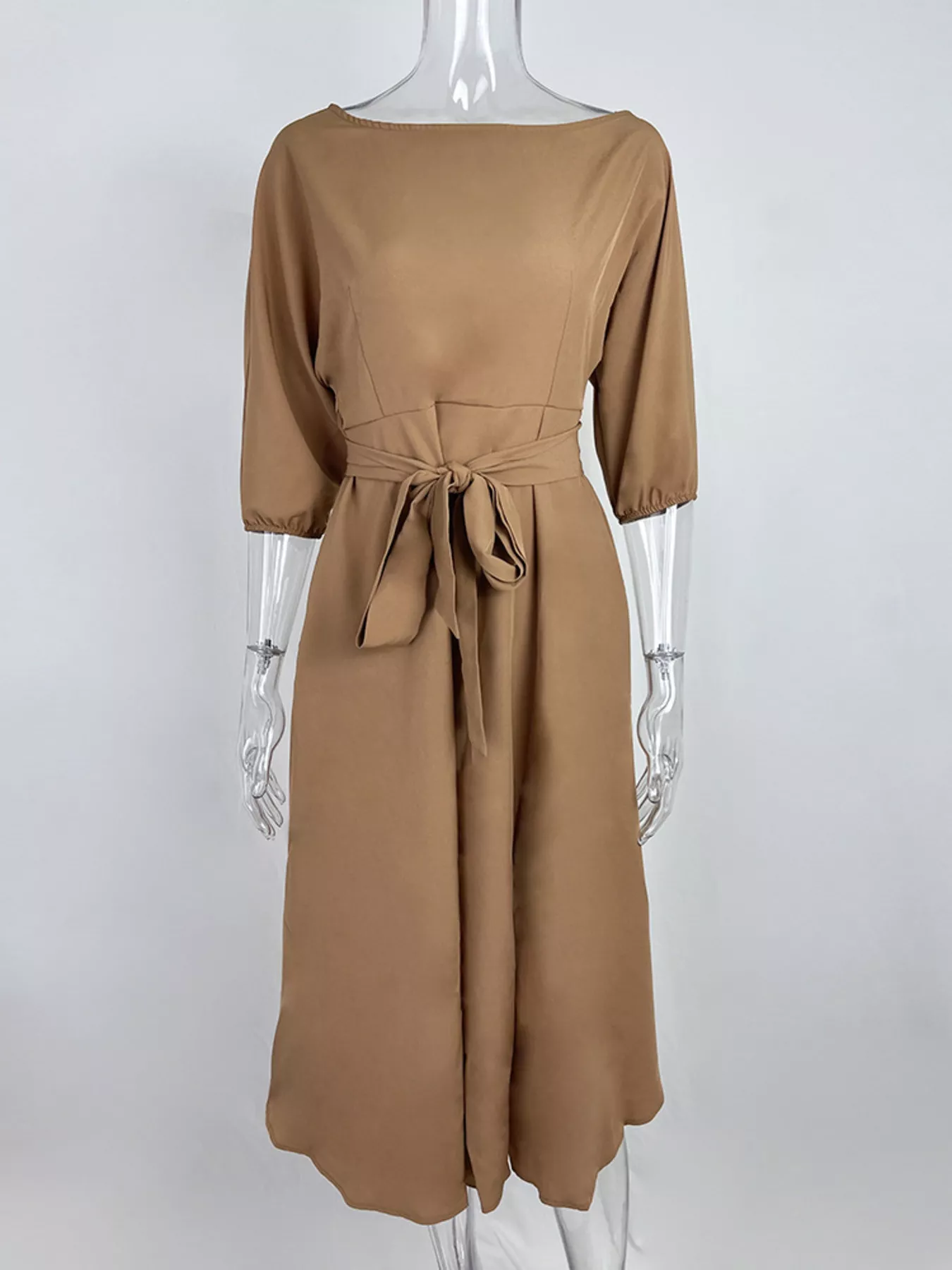 Boat Neck Tie Waist Dress - Image 5