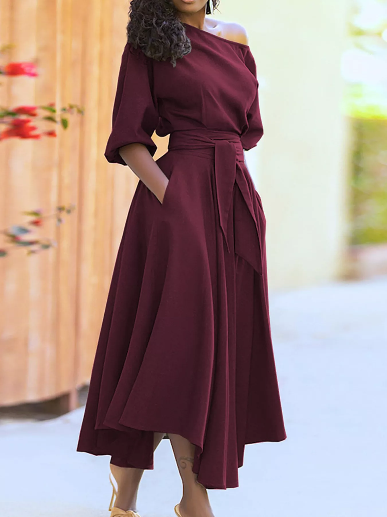 Boat Neck Tie Waist Dress - Image 7
