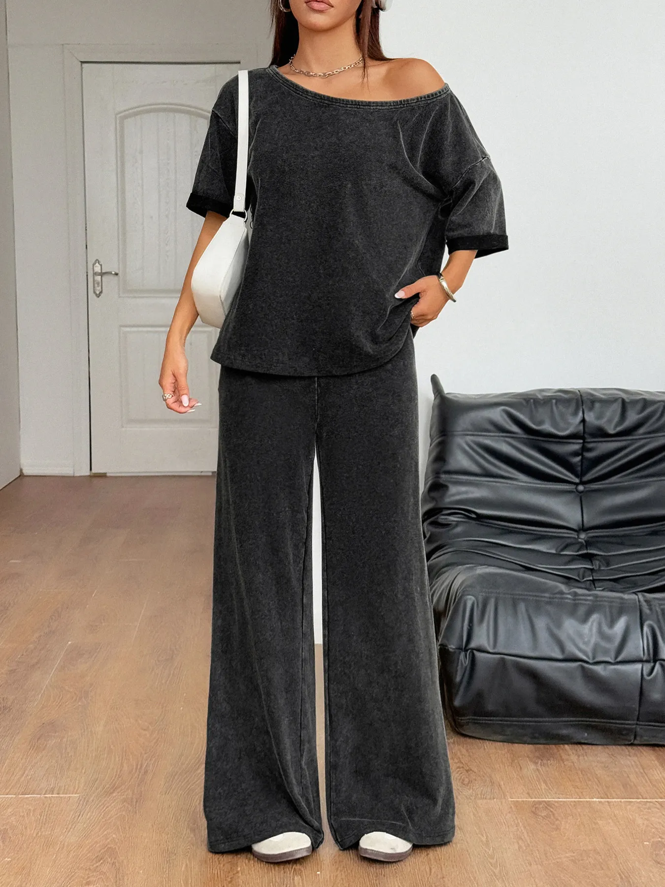 Boat Neck Top and Wide Leg Pants Set - Image 2
