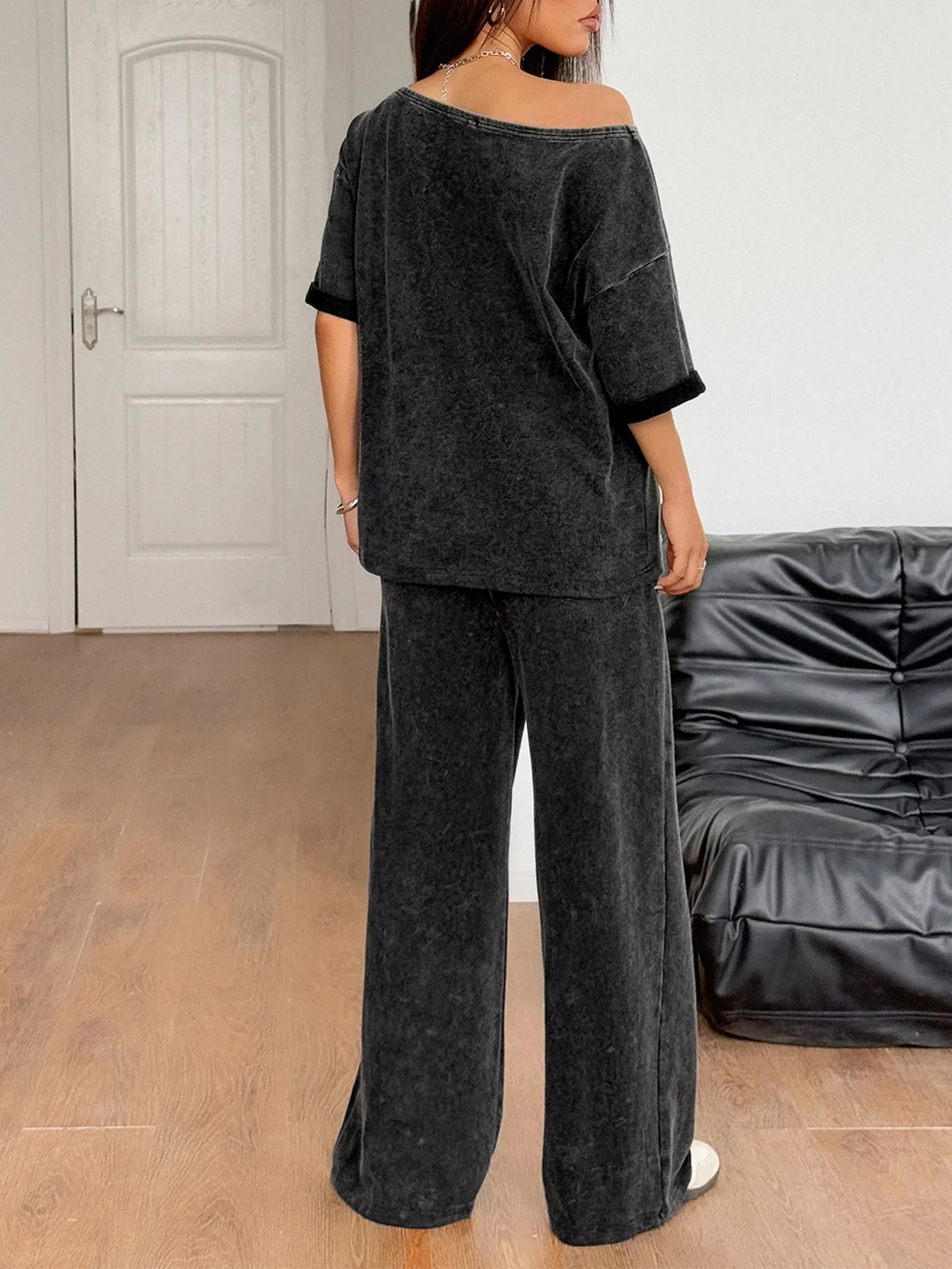 Boat Neck Top and Wide Leg Pants Set - Image 5