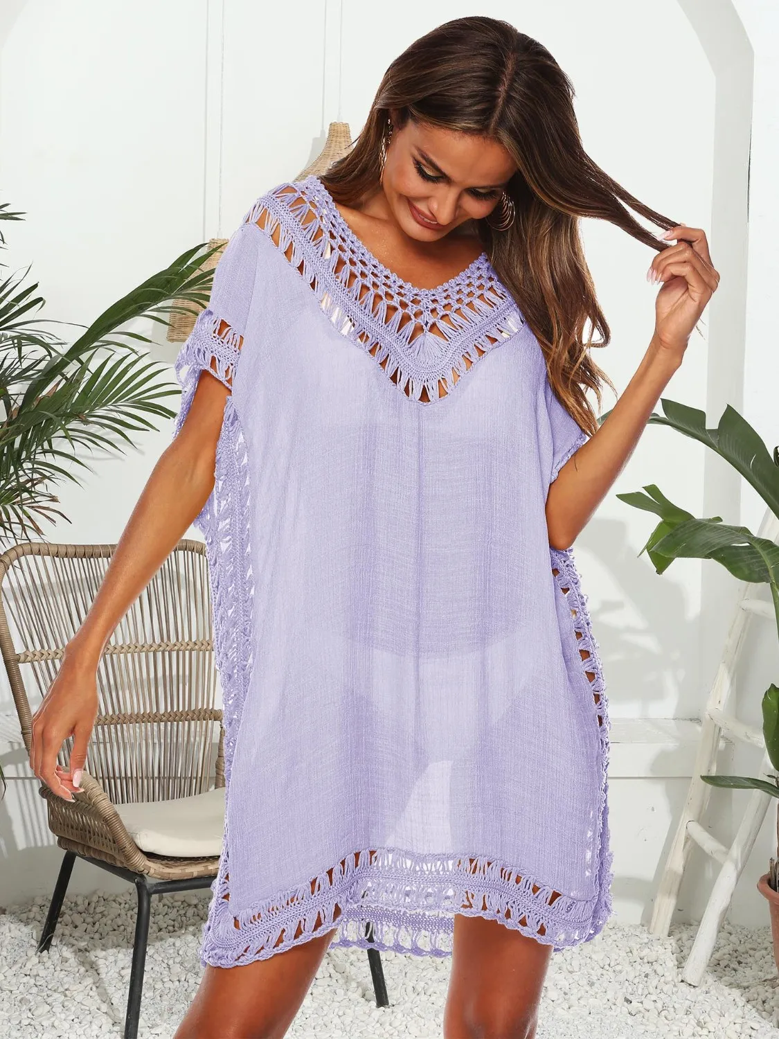 Bohemian Crochet Trim Beach Cover Up Dress - Image 32