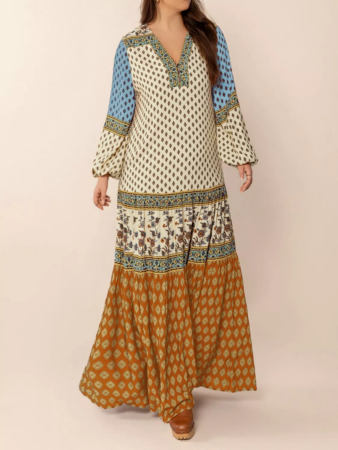 Bohemian Mixed Print Long Sleeve Maxi Dress