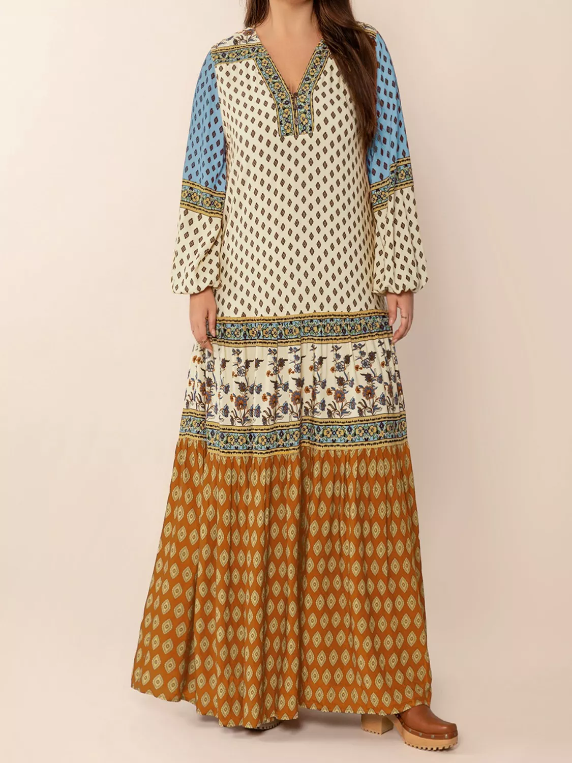 Bohemian Mixed Print Long Sleeve Maxi Dress - Image 6