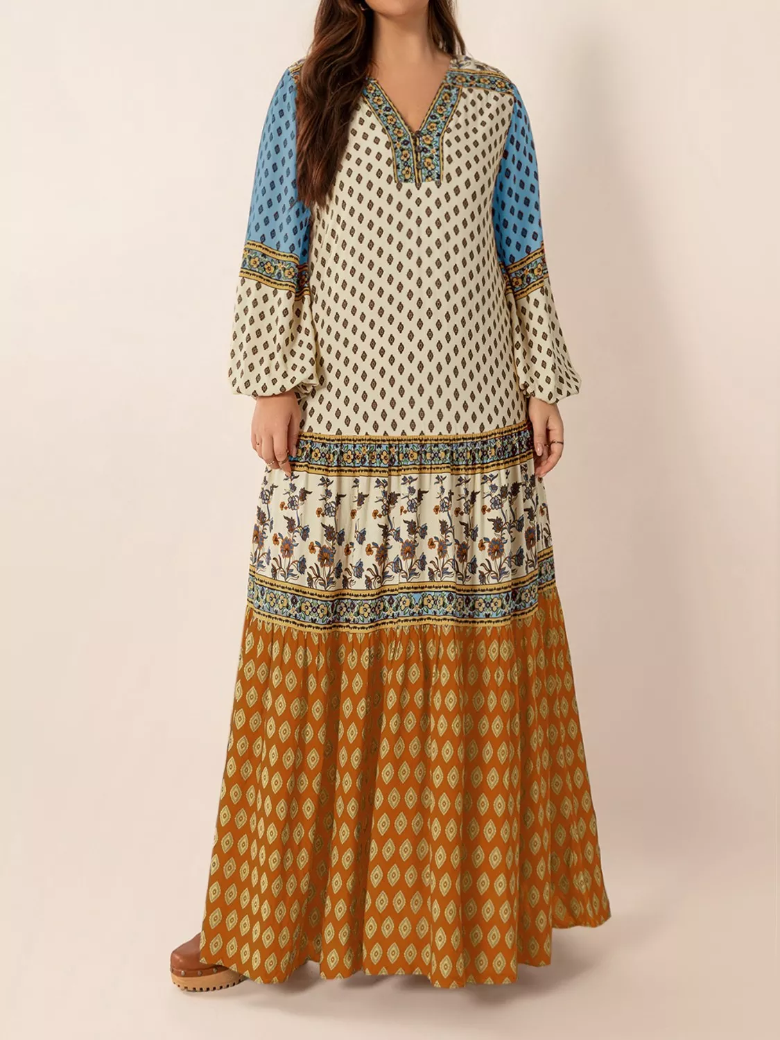 Bohemian Mixed Print Long Sleeve Maxi Dress - Image 8