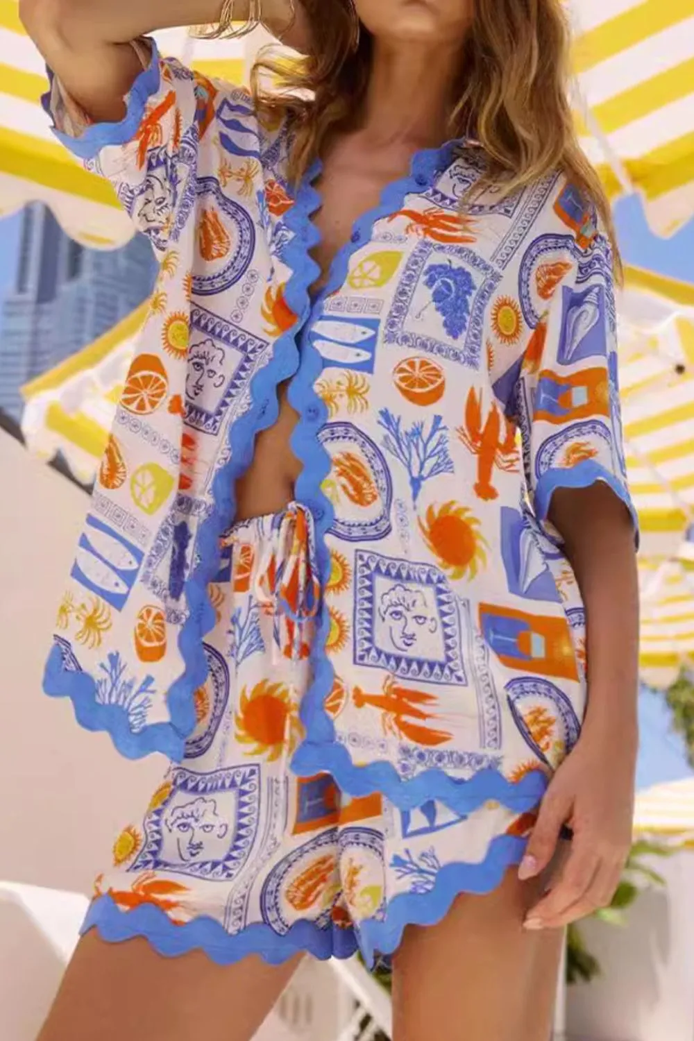 Bohemian Print Button Up Shirt and Shorts Set - Image 2