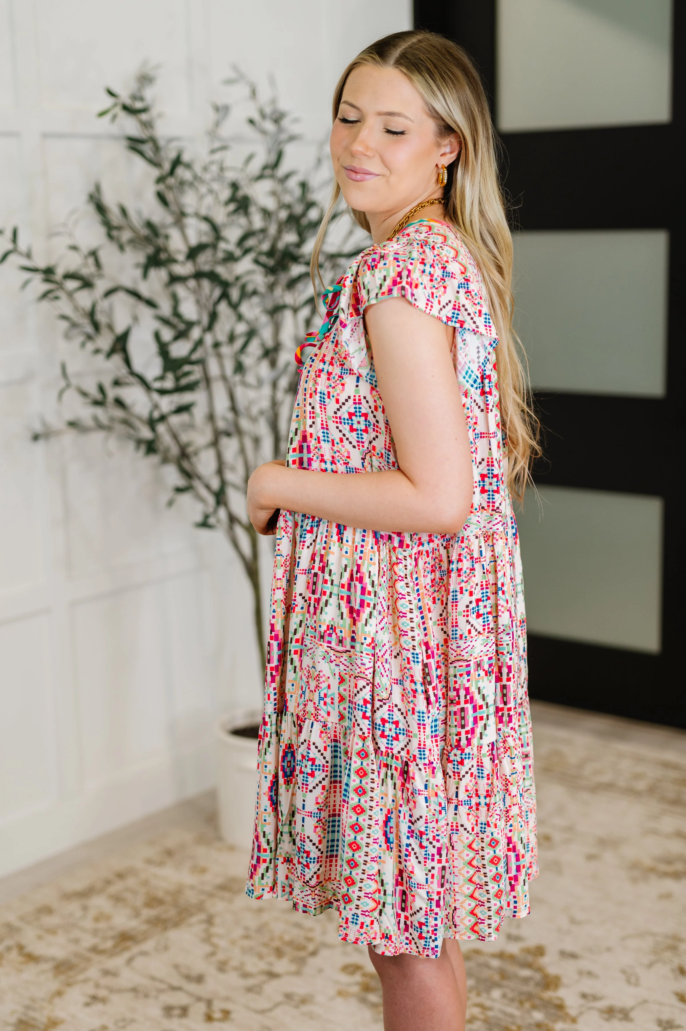 Boho and Behold Flutter Sleeve Dress in Blush/Fuchsia/Mint - Image 4