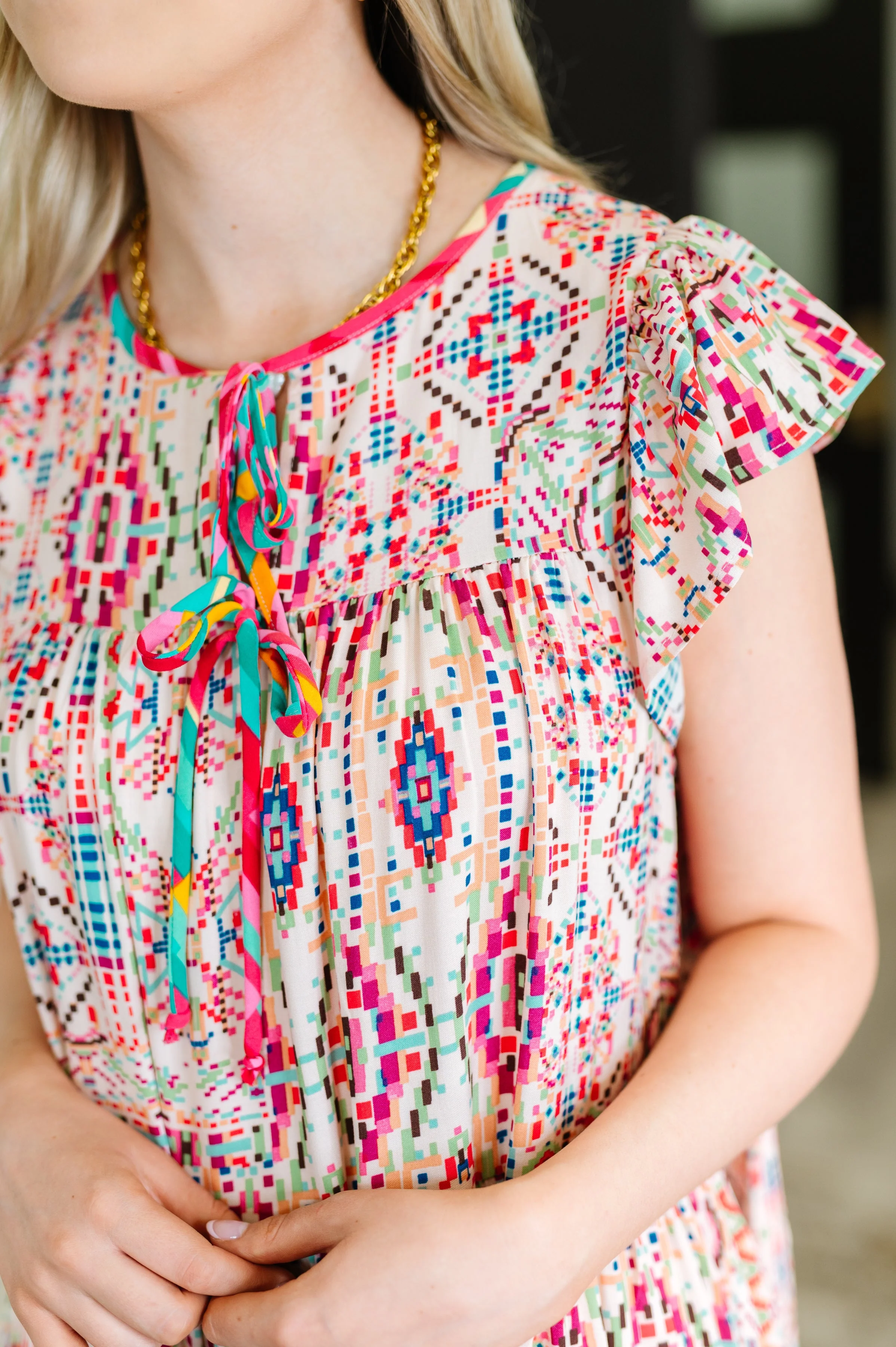 Boho and Behold Flutter Sleeve Dress in Blush/Fuchsia/Mint - Image 2