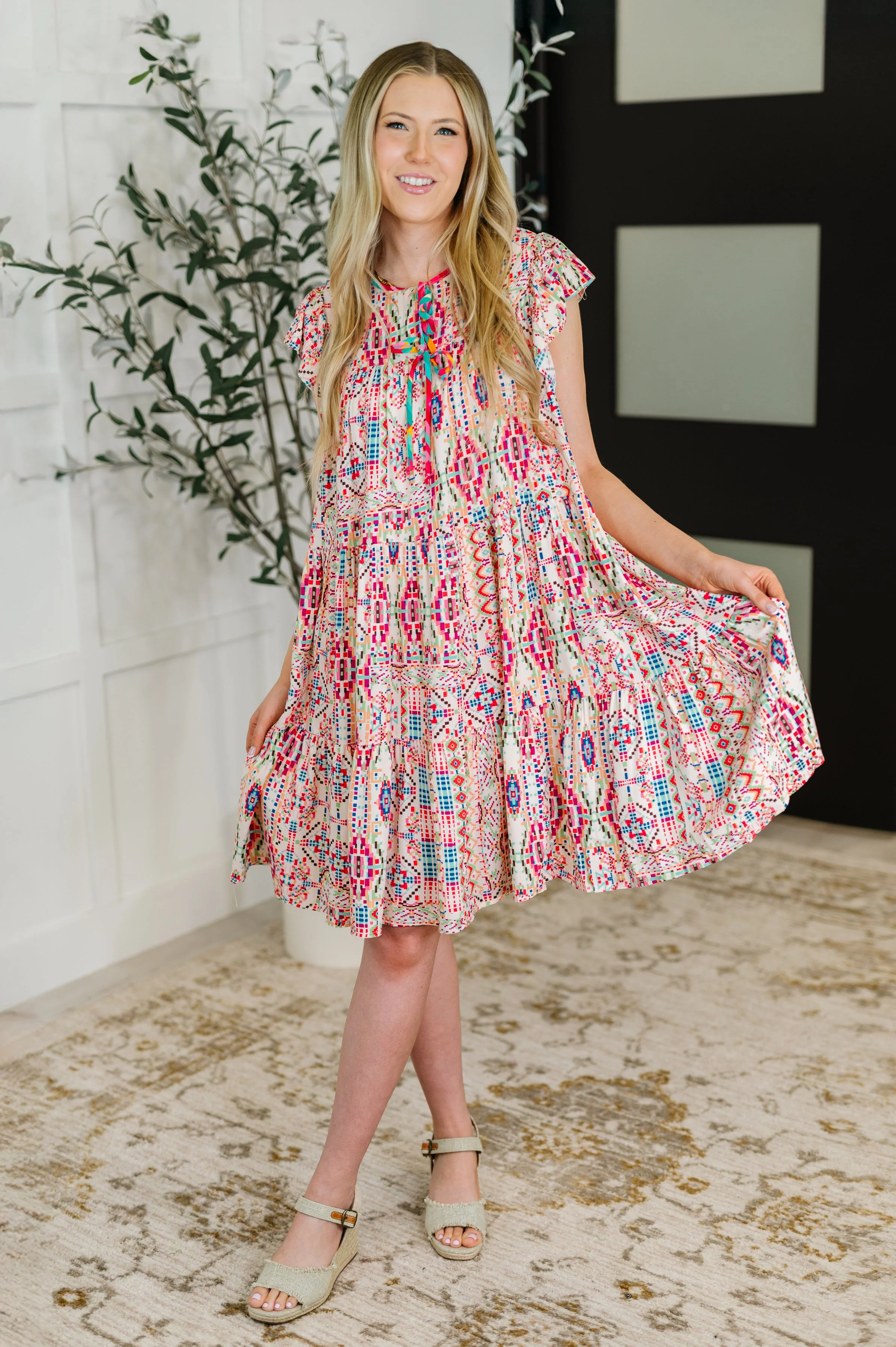 Boho and Behold Flutter Sleeve Dress in Blush/Fuchsia/Mint - Image 3