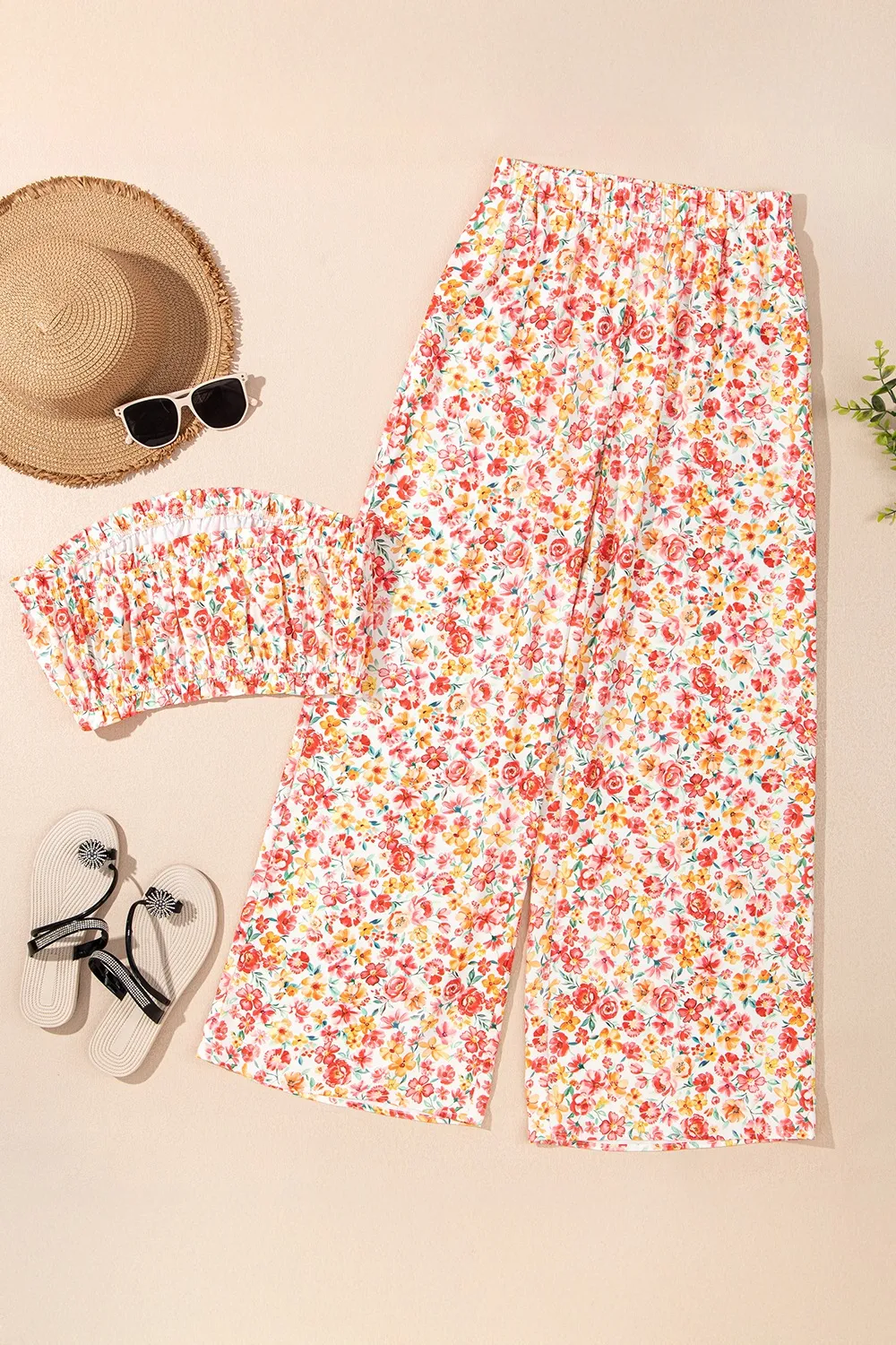 Boho Floral Bandeau Top and High Waist Wide Leg Pants Set - Image 5