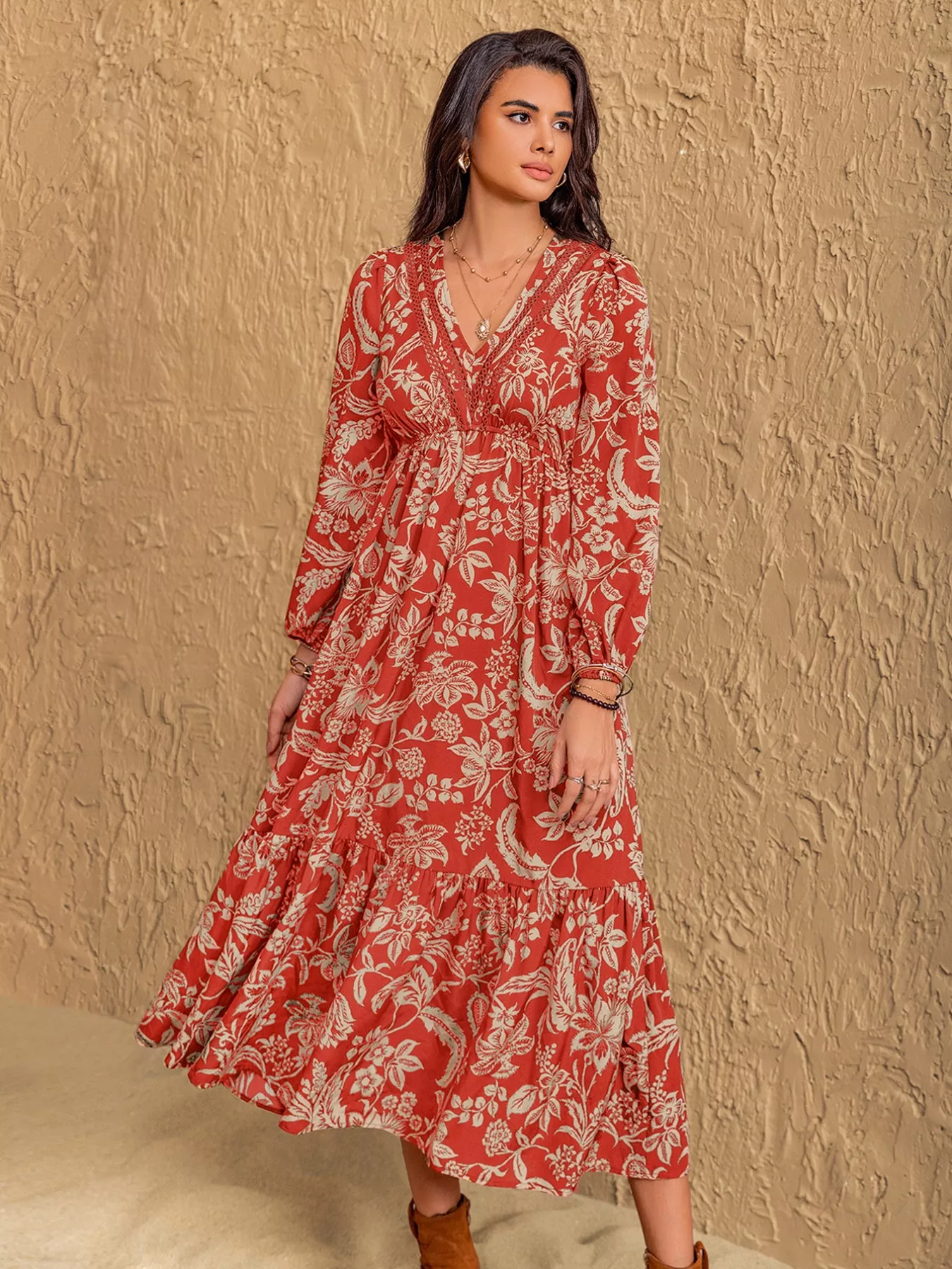 Boho Floral Print Long Sleeve Midi Dress - Image 3