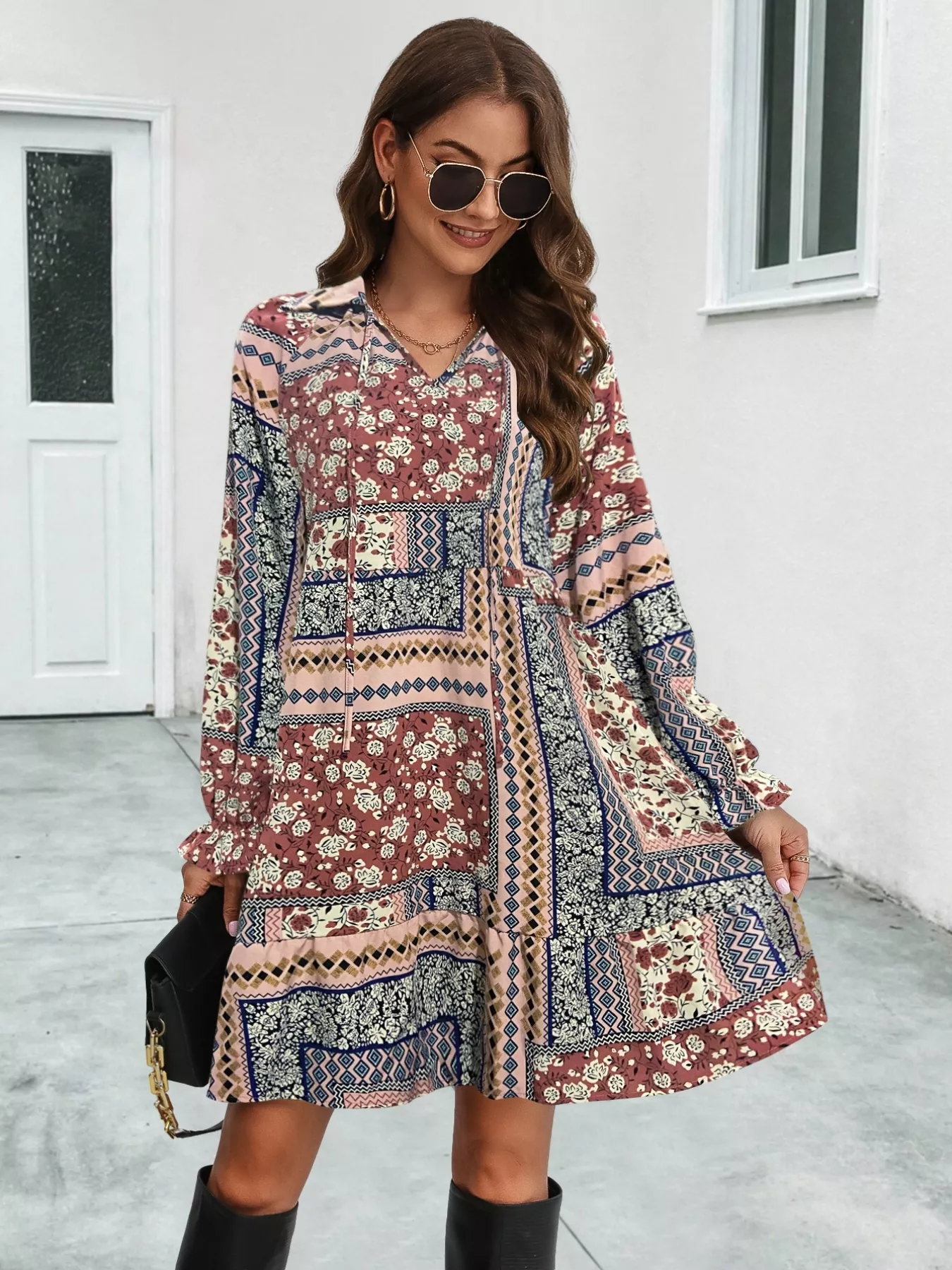 Boho Floral Print Long Sleeve Mini Dress - Image 4