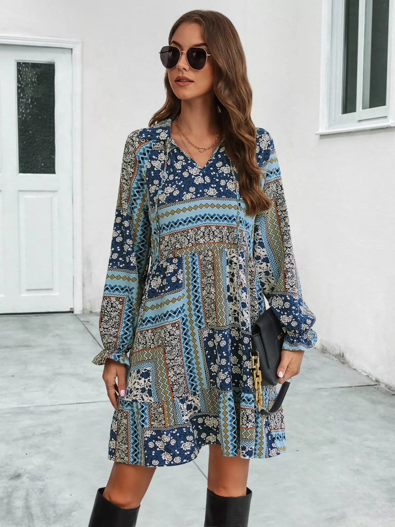 Boho Floral Print Long Sleeve Mini Dress - Image 9