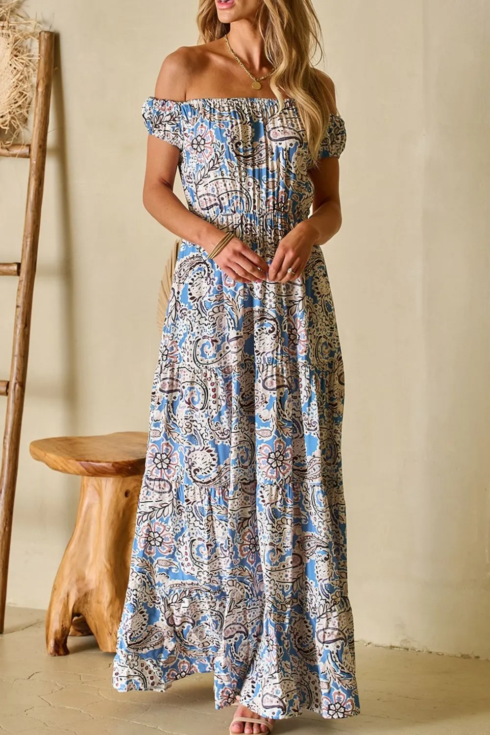 Boho Paisley Print Off Shoulder Maxi Dress - Image 5