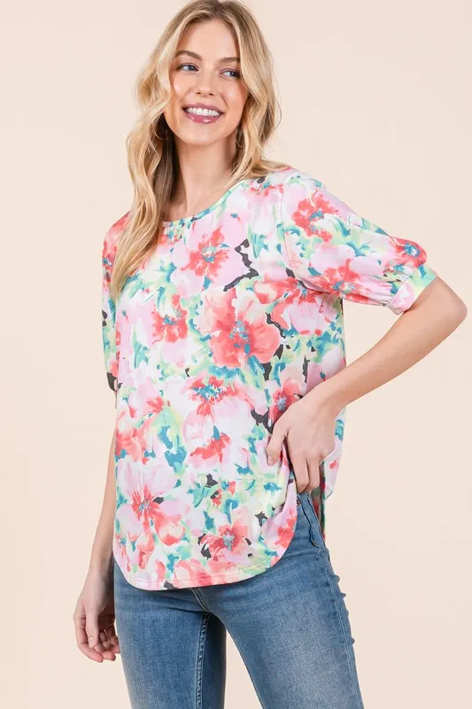 BOMBOM Floral Round Neck Puff Sleeve Top - Image 2