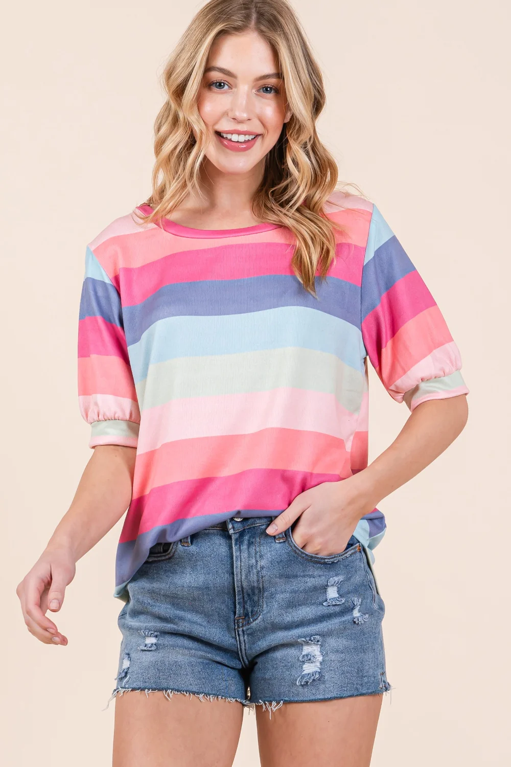 BOMBOM Striped Round Neck Half Sleeve T-Shirt - Image 4