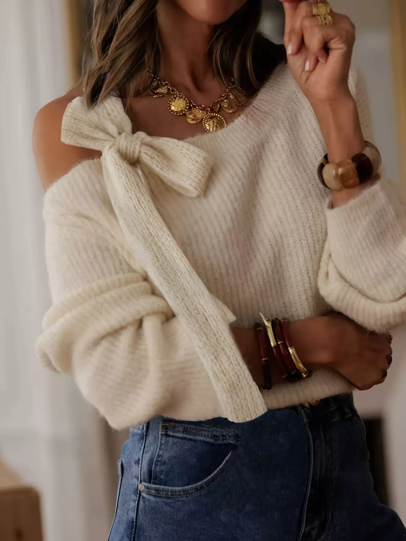Bow-Accent One-Shoulder Sweater - Image 3
