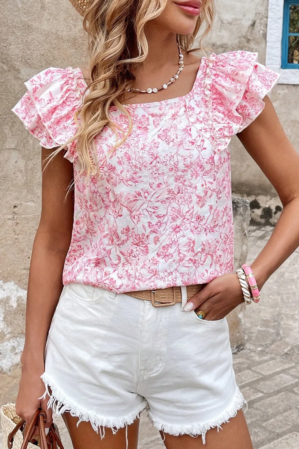 Bow Back Printed Ruffled Cap Sleeve Blouse - Image 2