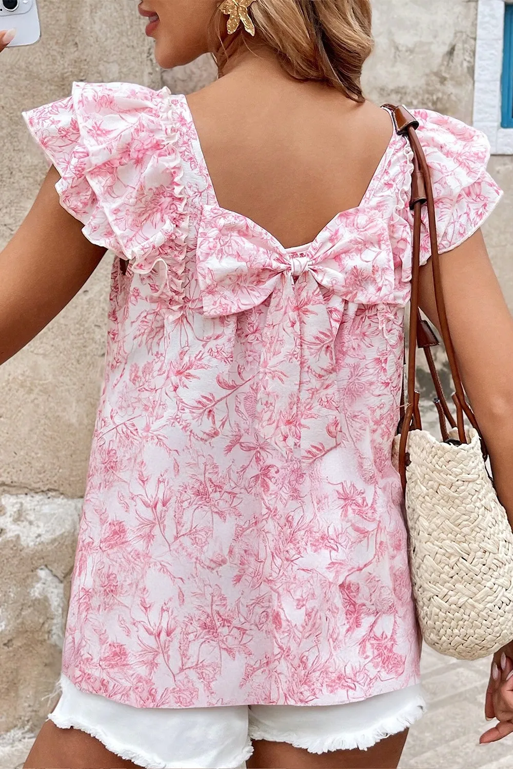 Bow Back Printed Ruffled Cap Sleeve Blouse - Image 3