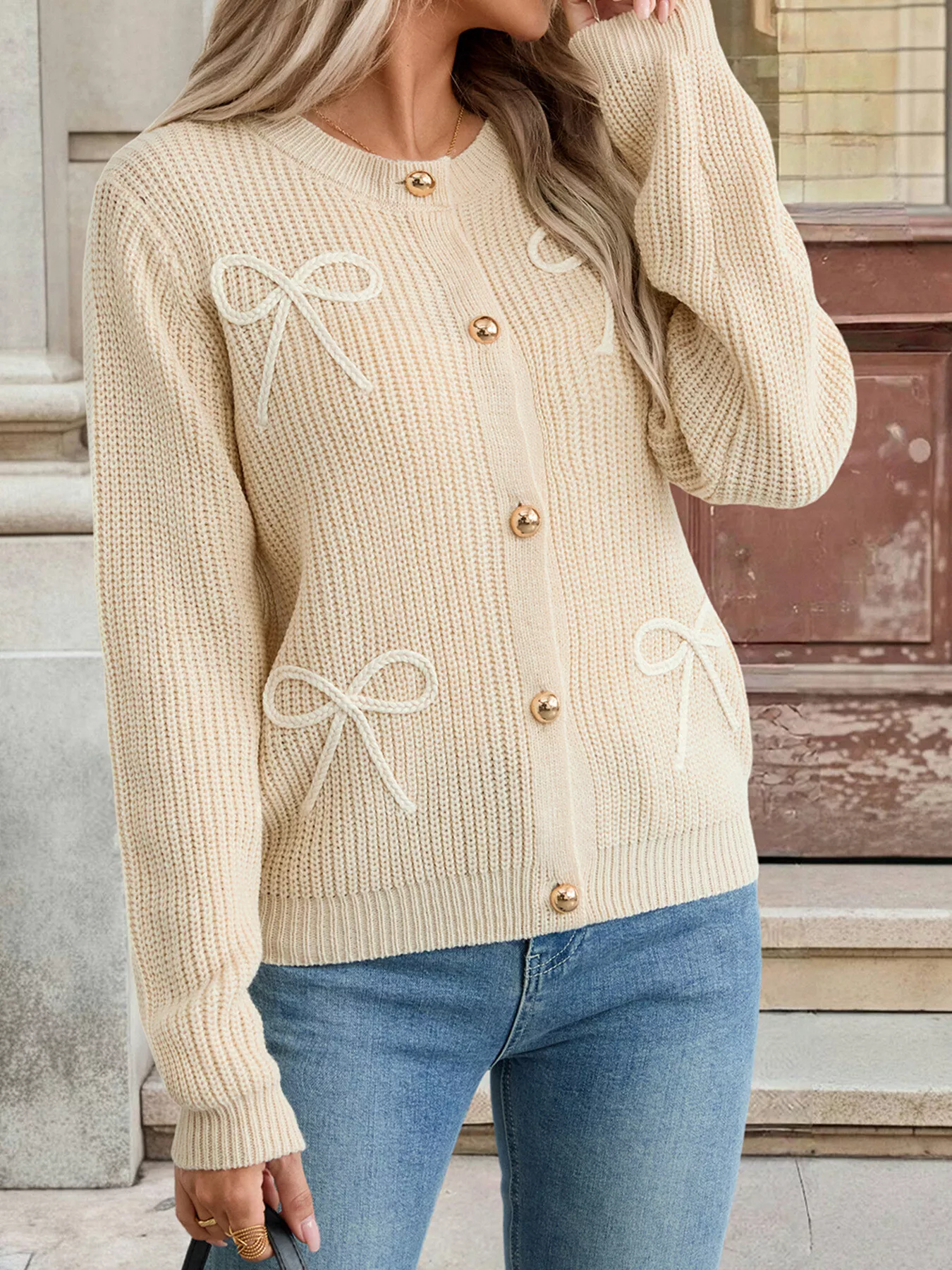 Bow Button Up Long Sleeve Cardigan - Image 3