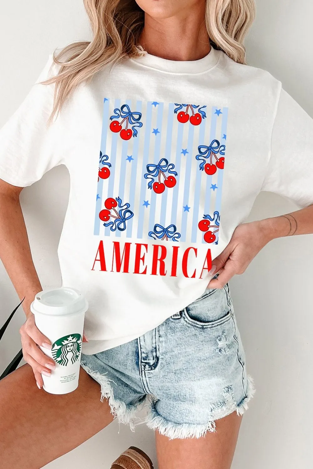 Bow Cherry AMERICA Graphic Crewneck Patriotic T Shirt - Image 5