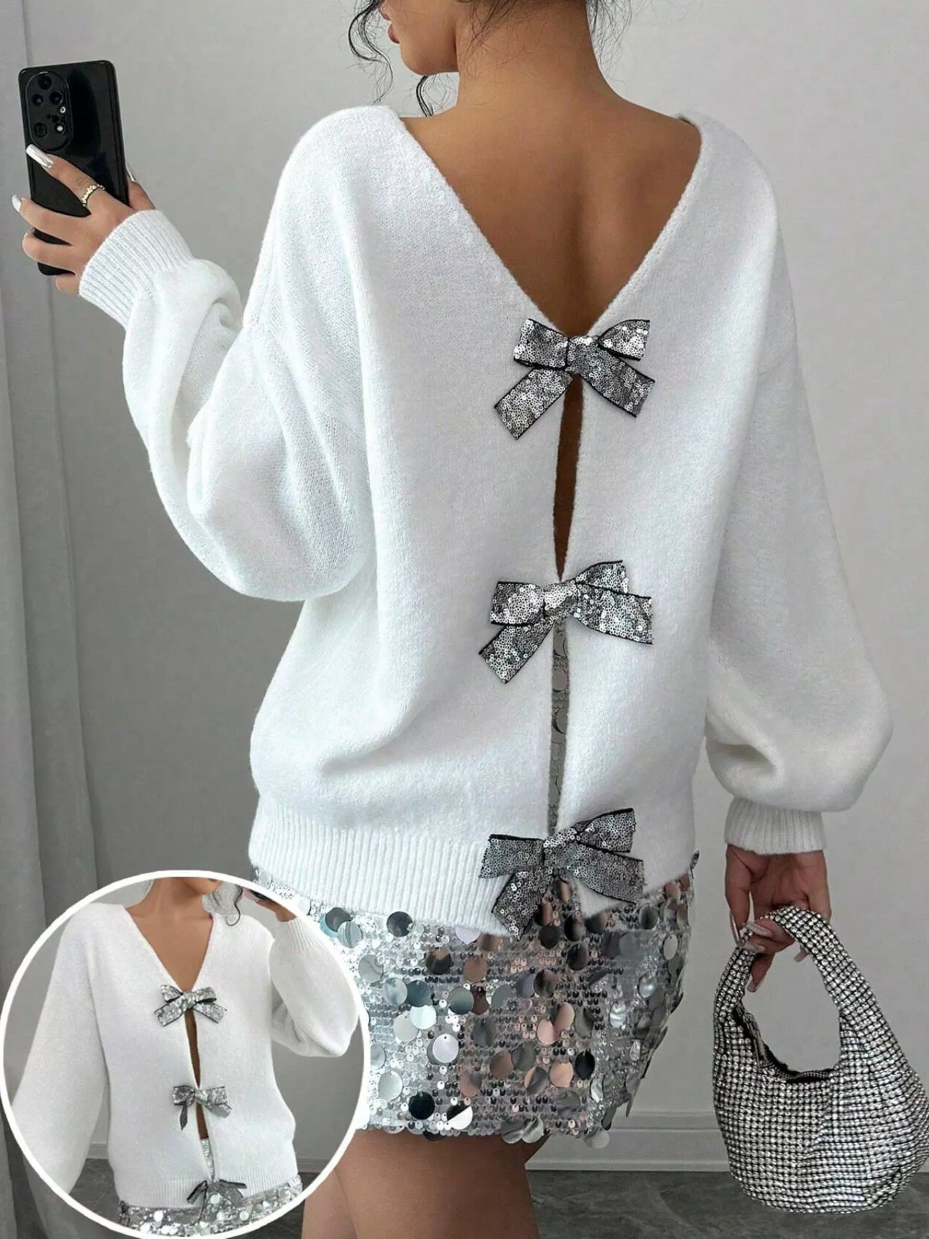 Bow-Decor Dropped Shoulder Knit Cardigan - Image 2