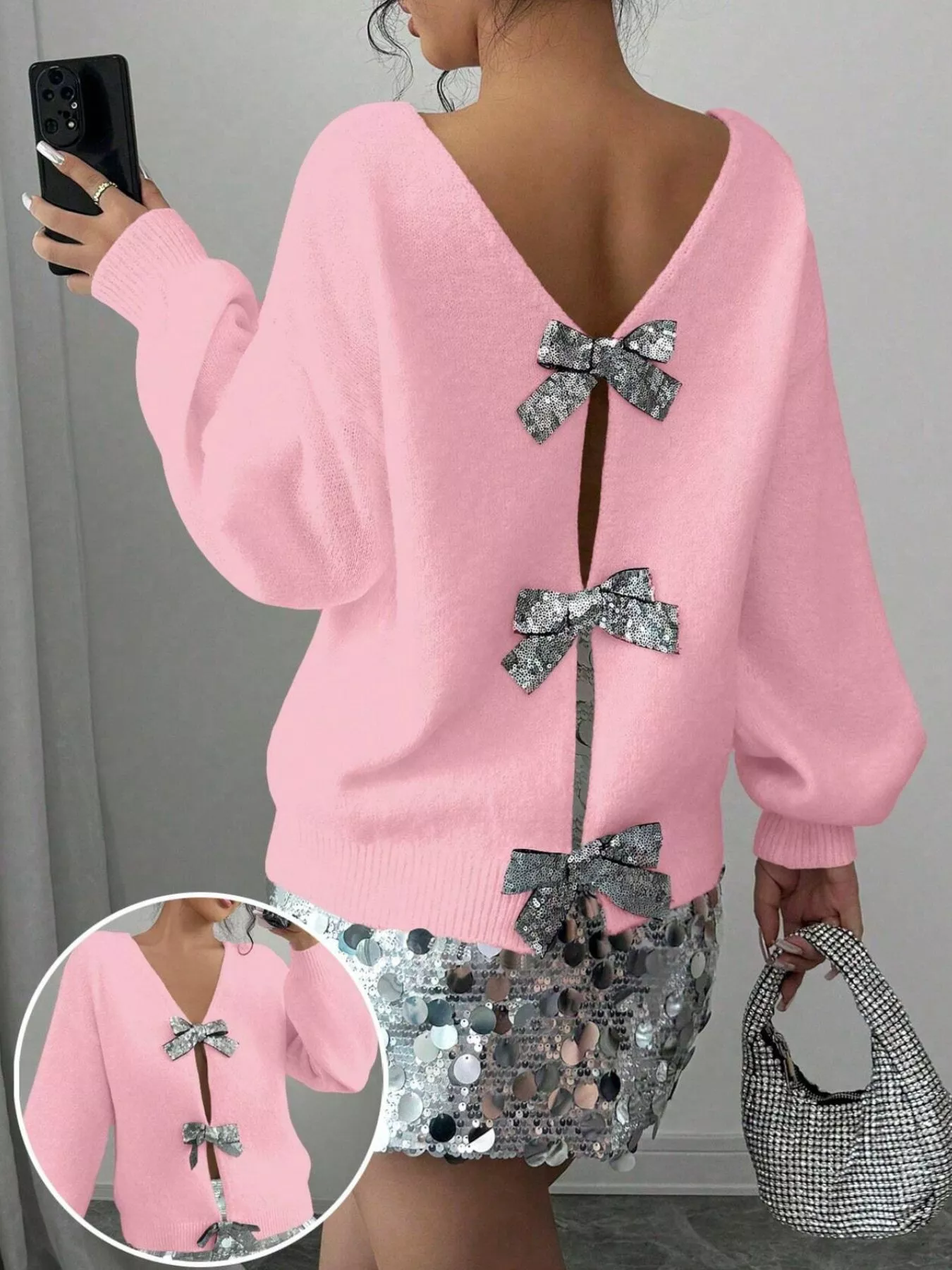 Bow-Decor Dropped Shoulder Knit Cardigan - Image 4