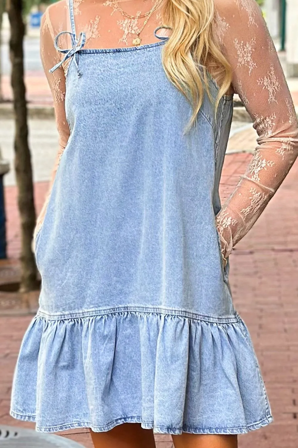 Bow Detail Spaghetti Straps Ruffle Hem Denim Dress - Image 3