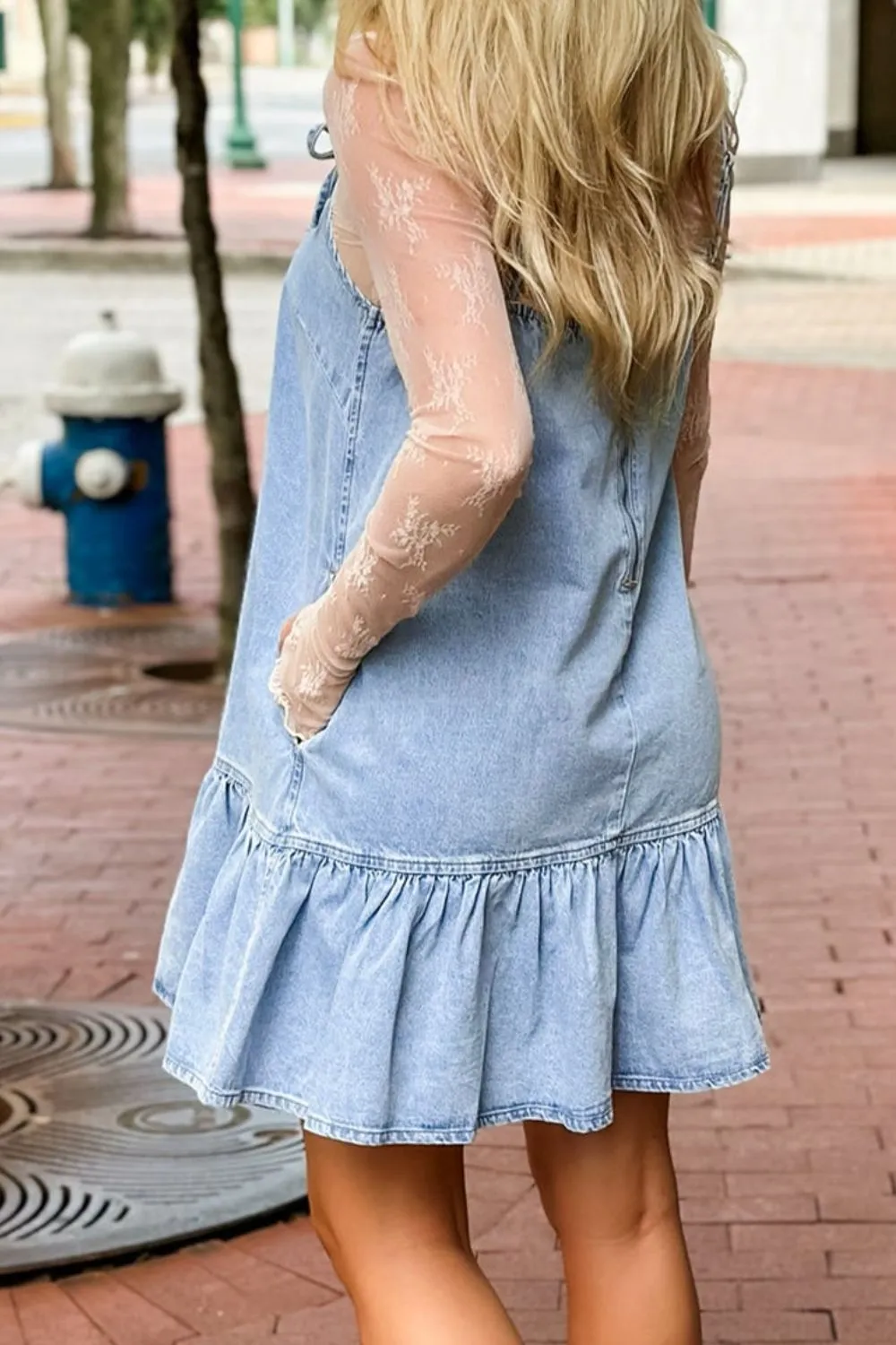 Bow Detail Spaghetti Straps Ruffle Hem Denim Dress - Image 4