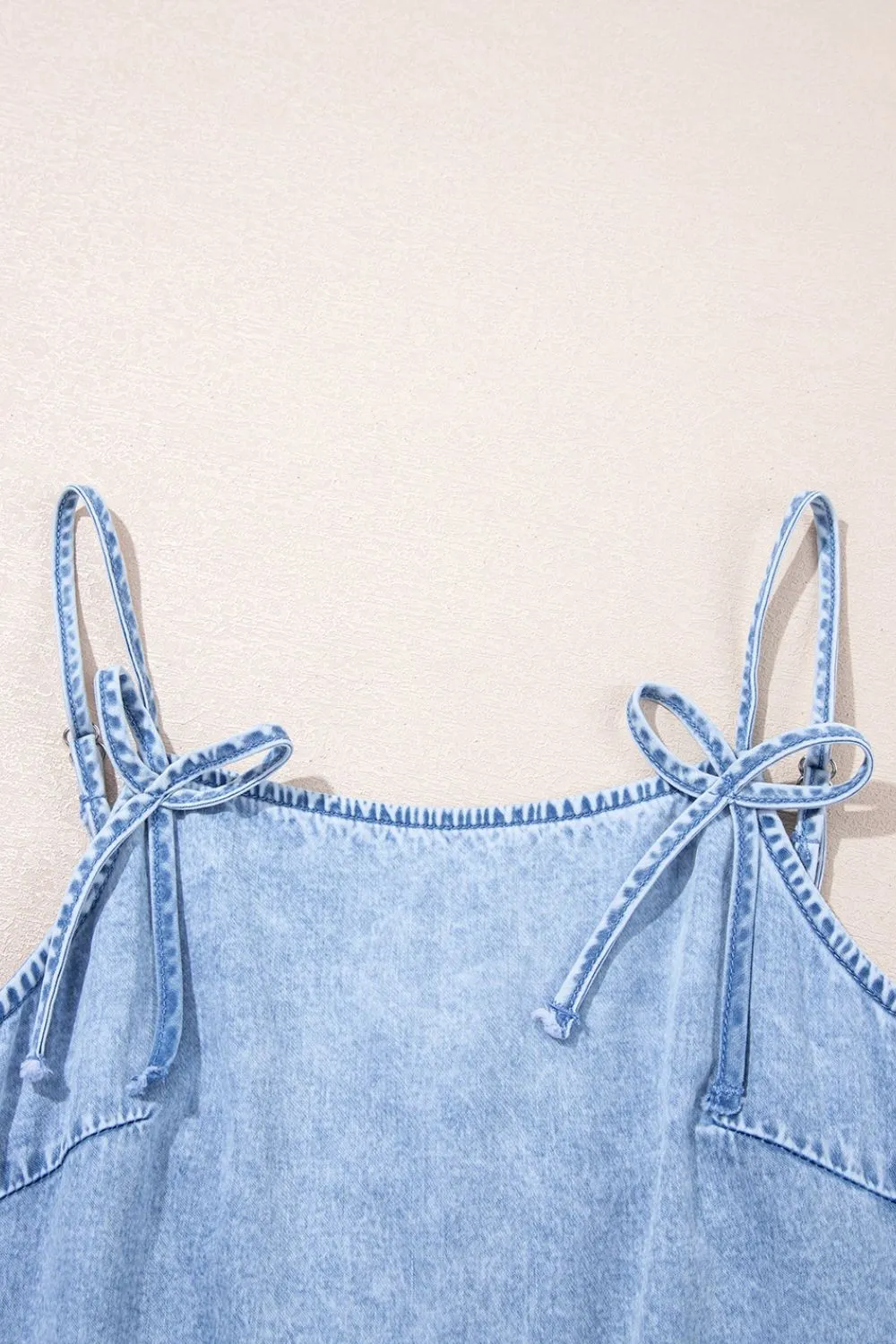Bow Detail Spaghetti Straps Ruffle Hem Denim Dress - Image 7