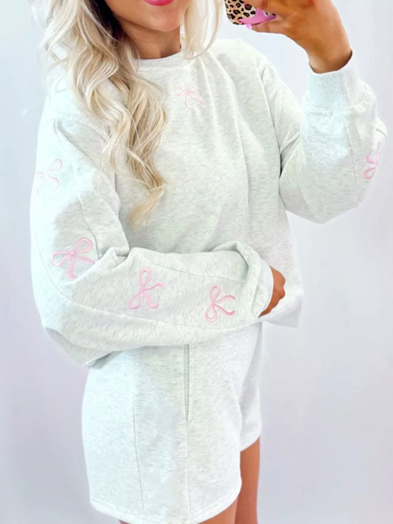 Bow Embroidered Round Neck Top and Shorts Set - Image 6