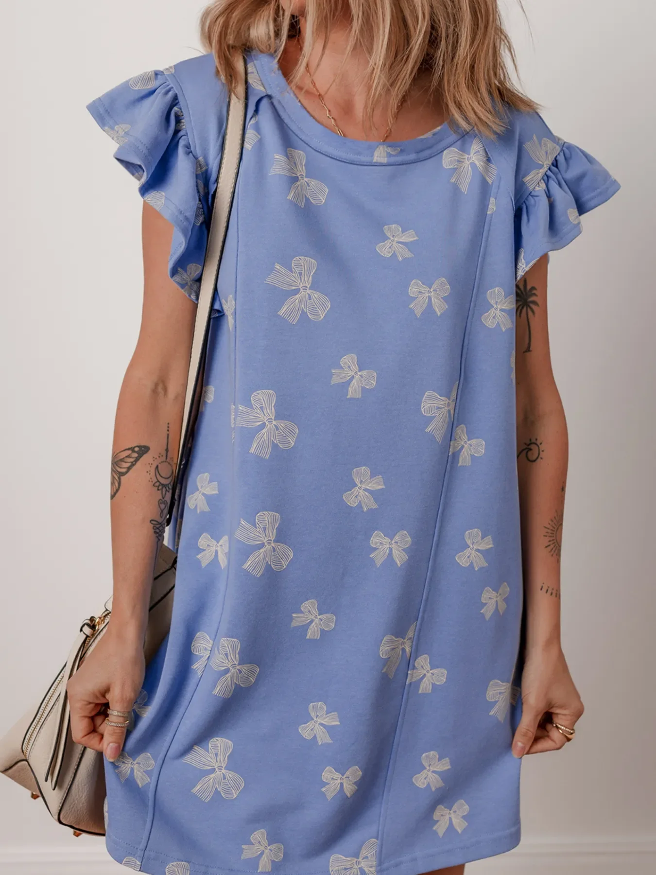 Bow Knot Print Crewneck Ruffled Sleeve Shift Mini Dress - Image 3