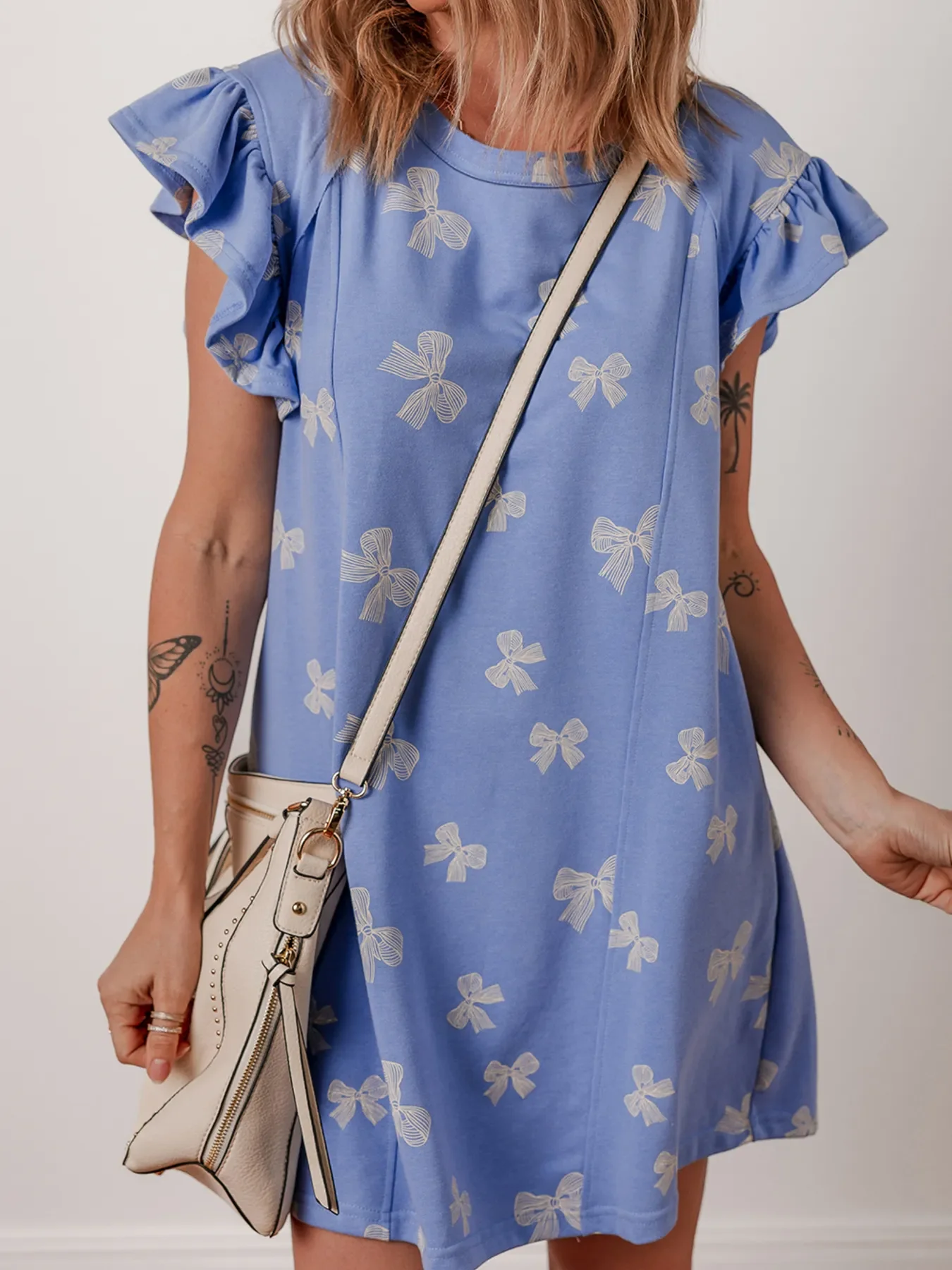 Bow Knot Print Crewneck Ruffled Sleeve Shift Mini Dress - Image 4