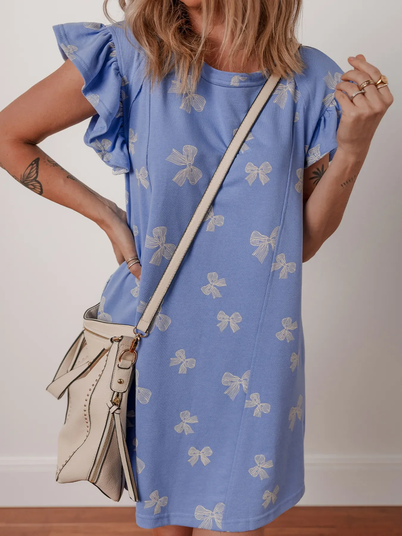 Bow Knot Print Crewneck Ruffled Sleeve Shift Mini Dress - Image 5