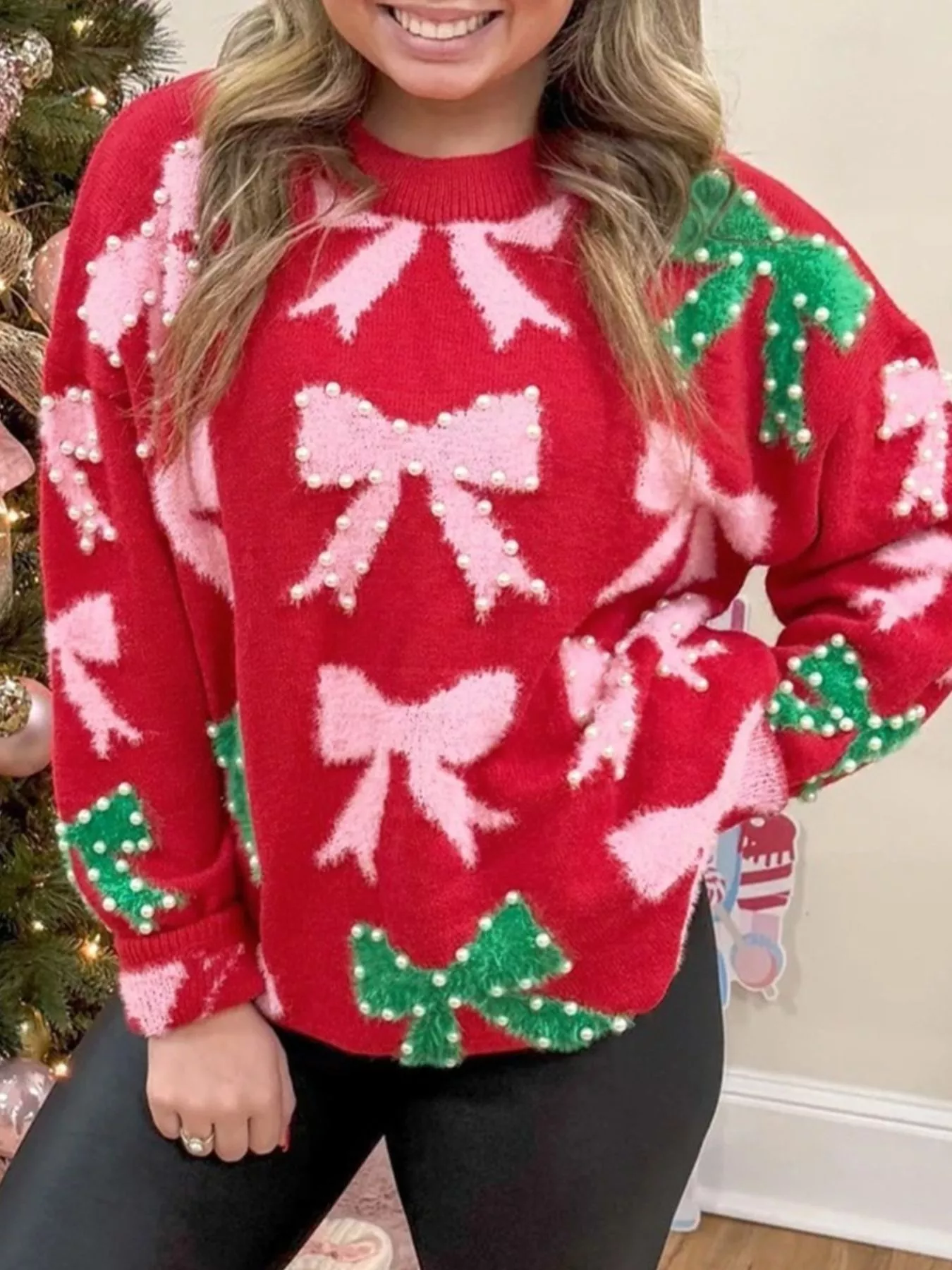 Bow Pearl Embellished Christmas Holiday Sweater