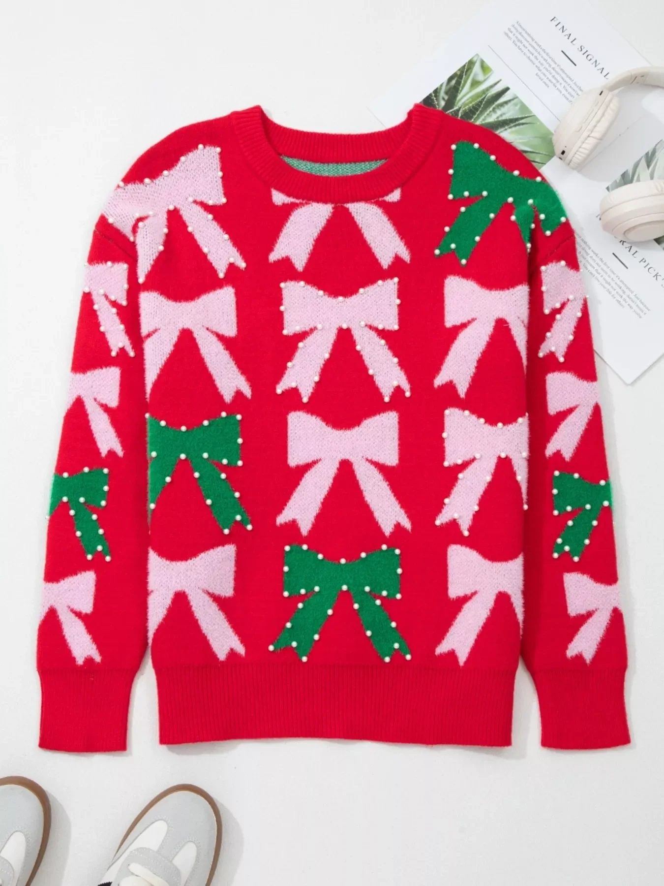 Bow Pearl Embellished Christmas Holiday Sweater - Image 4