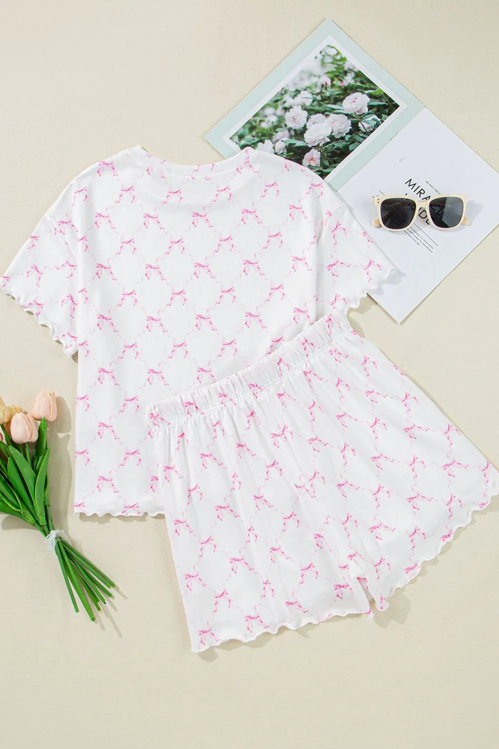 Bow Print Lettuce Trim Round Neck Top and Shorts Lounge Set - Image 7