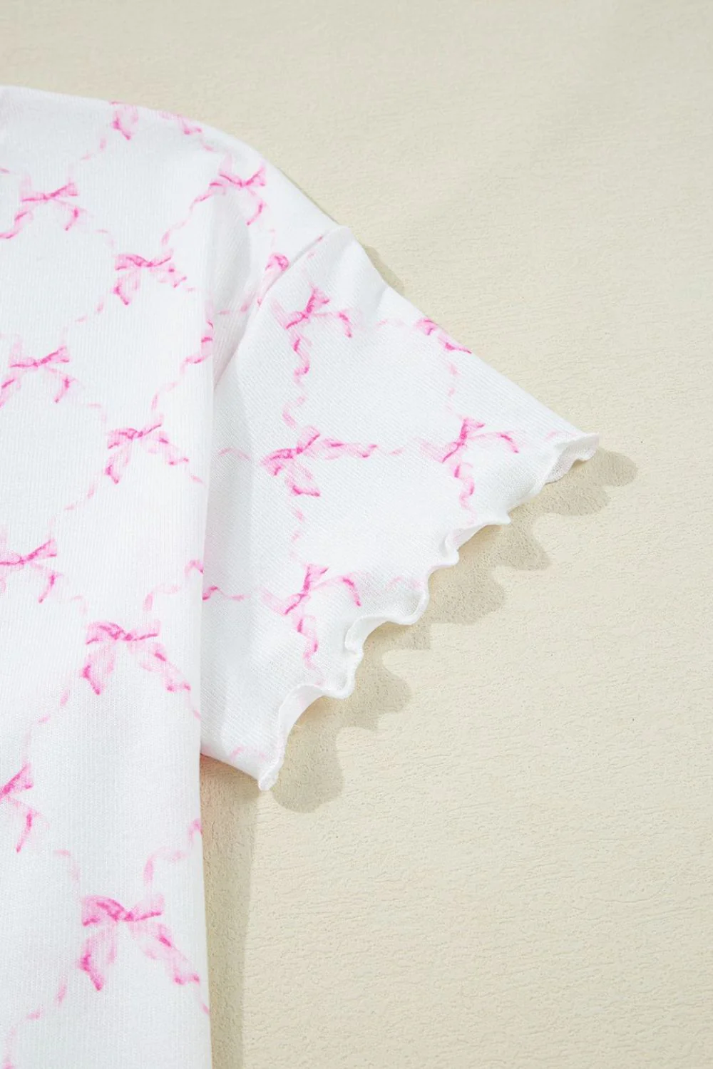Bow Print Lettuce Trim Round Neck Top and Shorts Lounge Set - Image 9