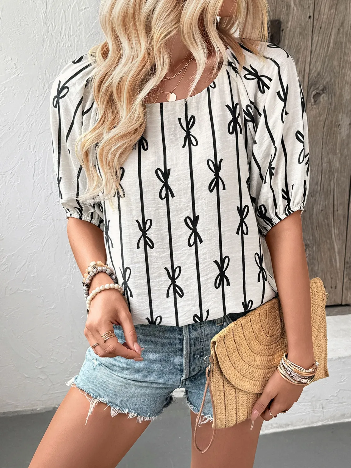 Bow Print Puff Sleeve Casual Blouse - Image 3