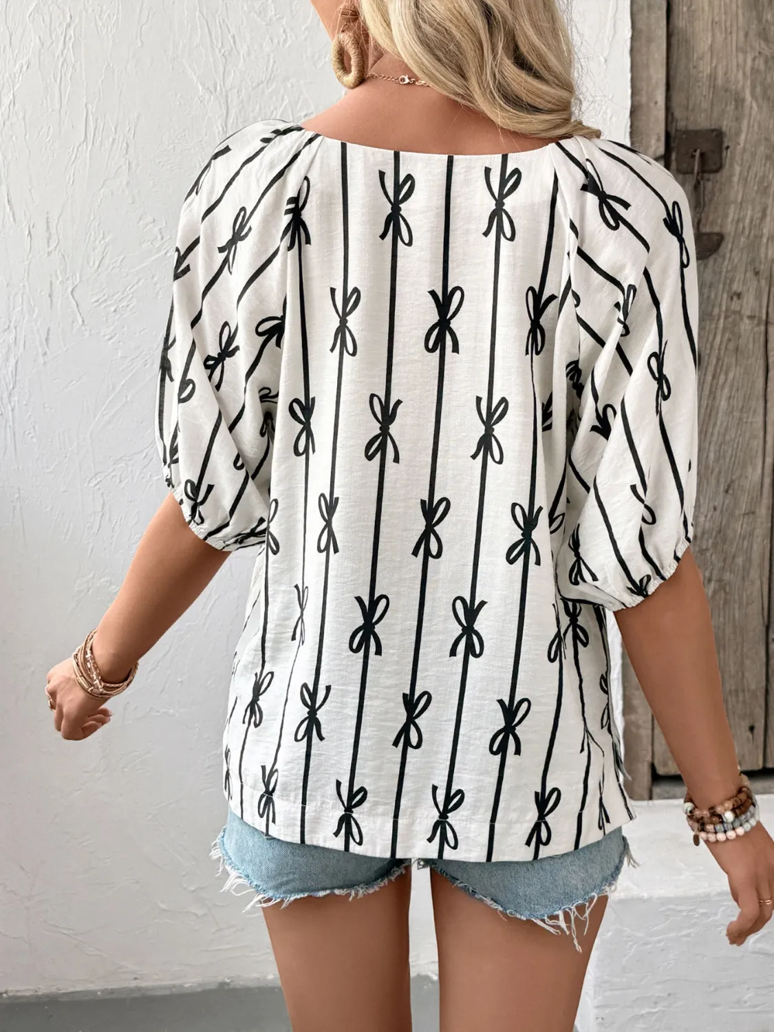 Bow Print Puff Sleeve Casual Blouse - Image 6