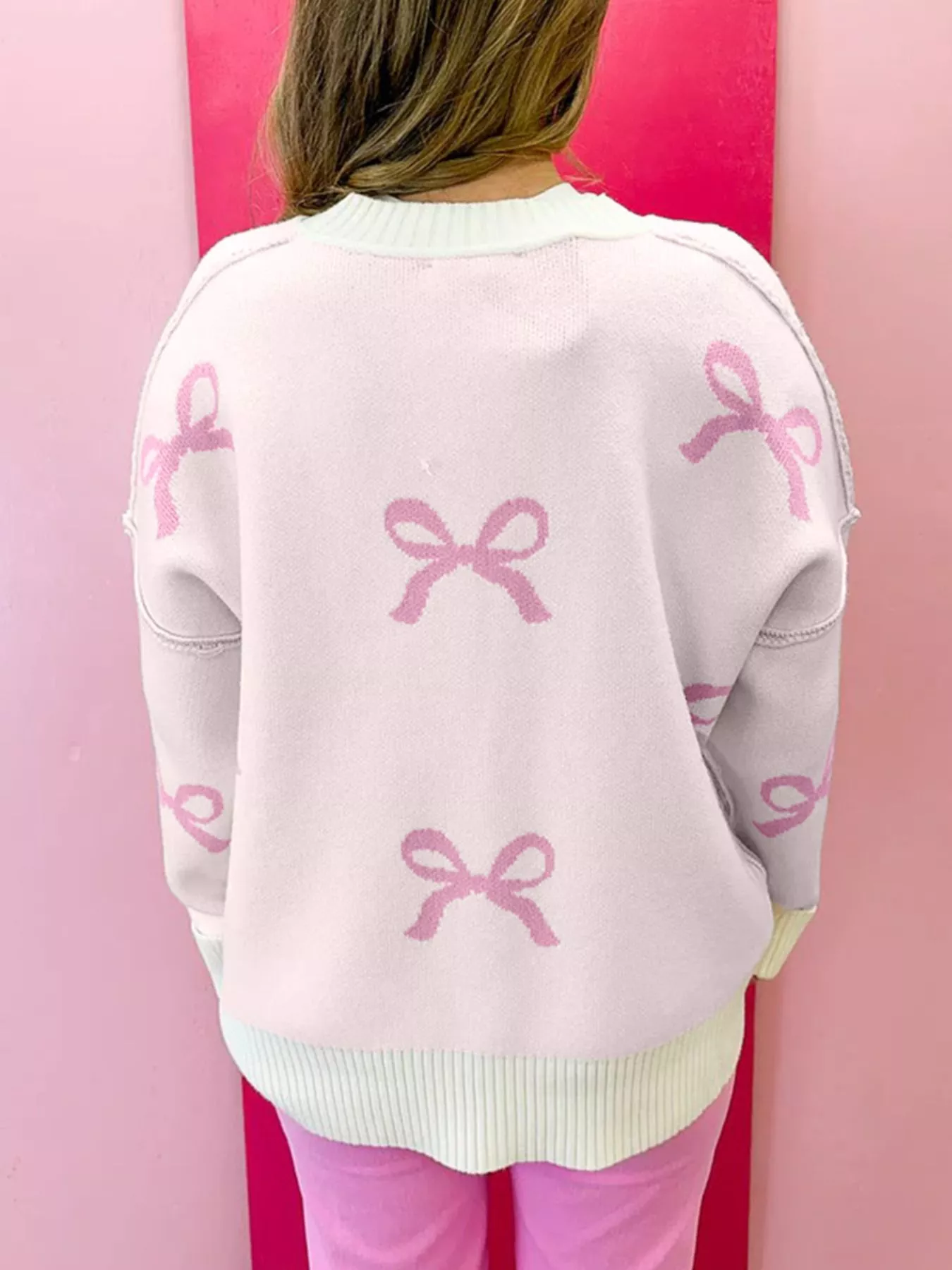 Bow Print Ribbed Trim Exposed Seam Drop Shoulder Loose Sweater - Image 2