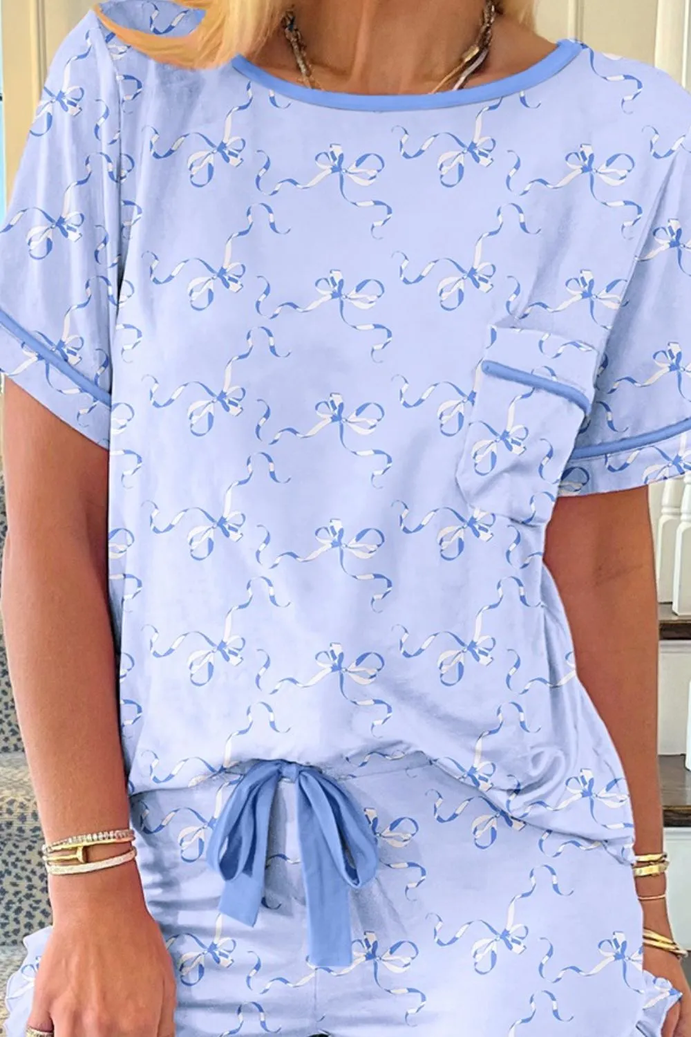 Bow Print Short Sleeve Top and Shorts Pajama Set - Image 2