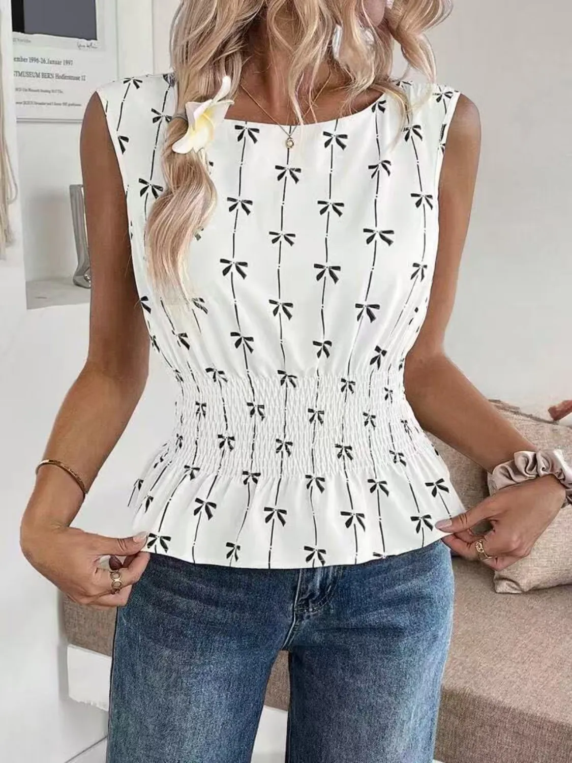 Bow Print Tie Shoulder Tank - Image 5