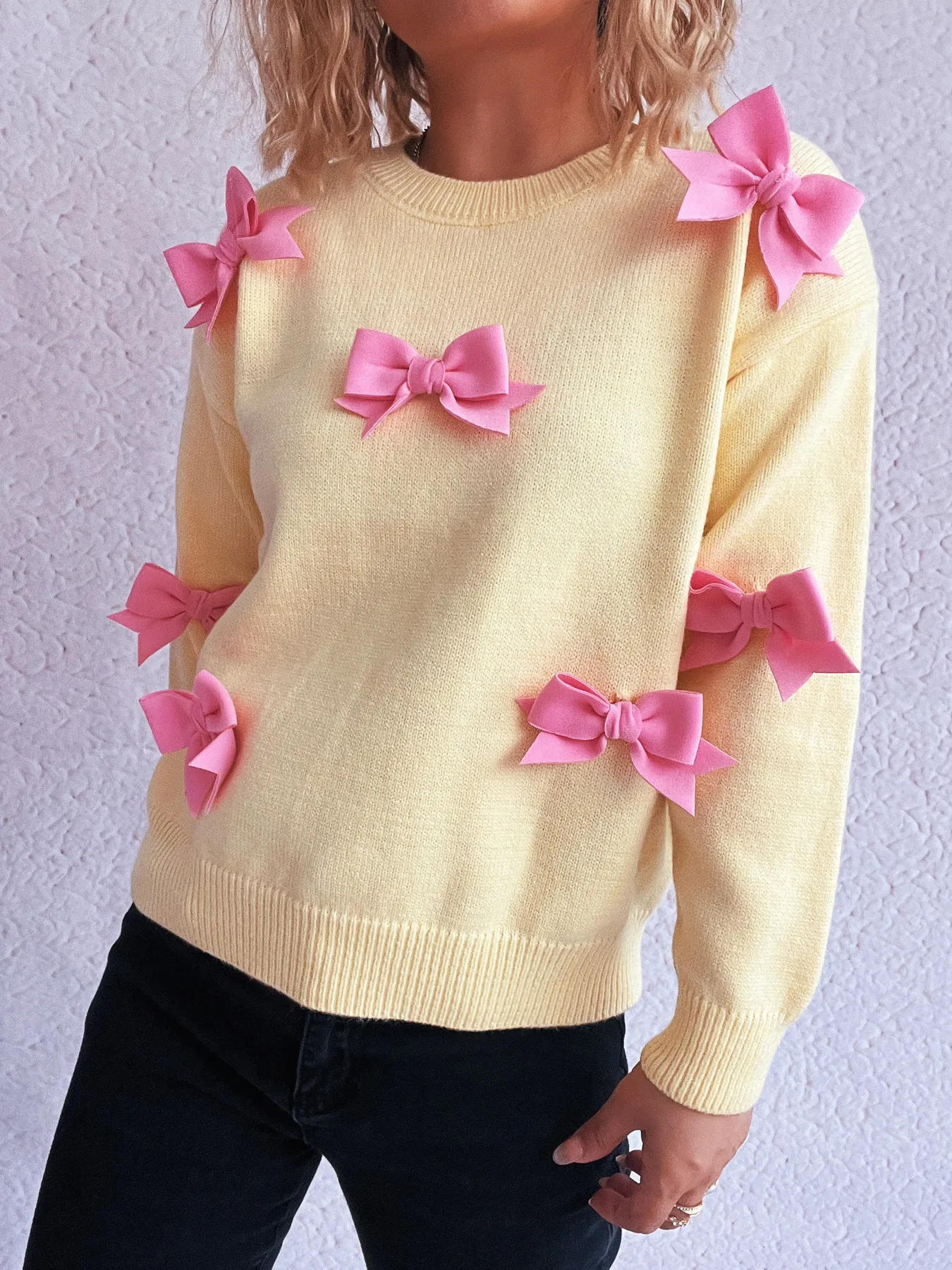Bow Round Neck Long Sleeve Sweater - Image 16